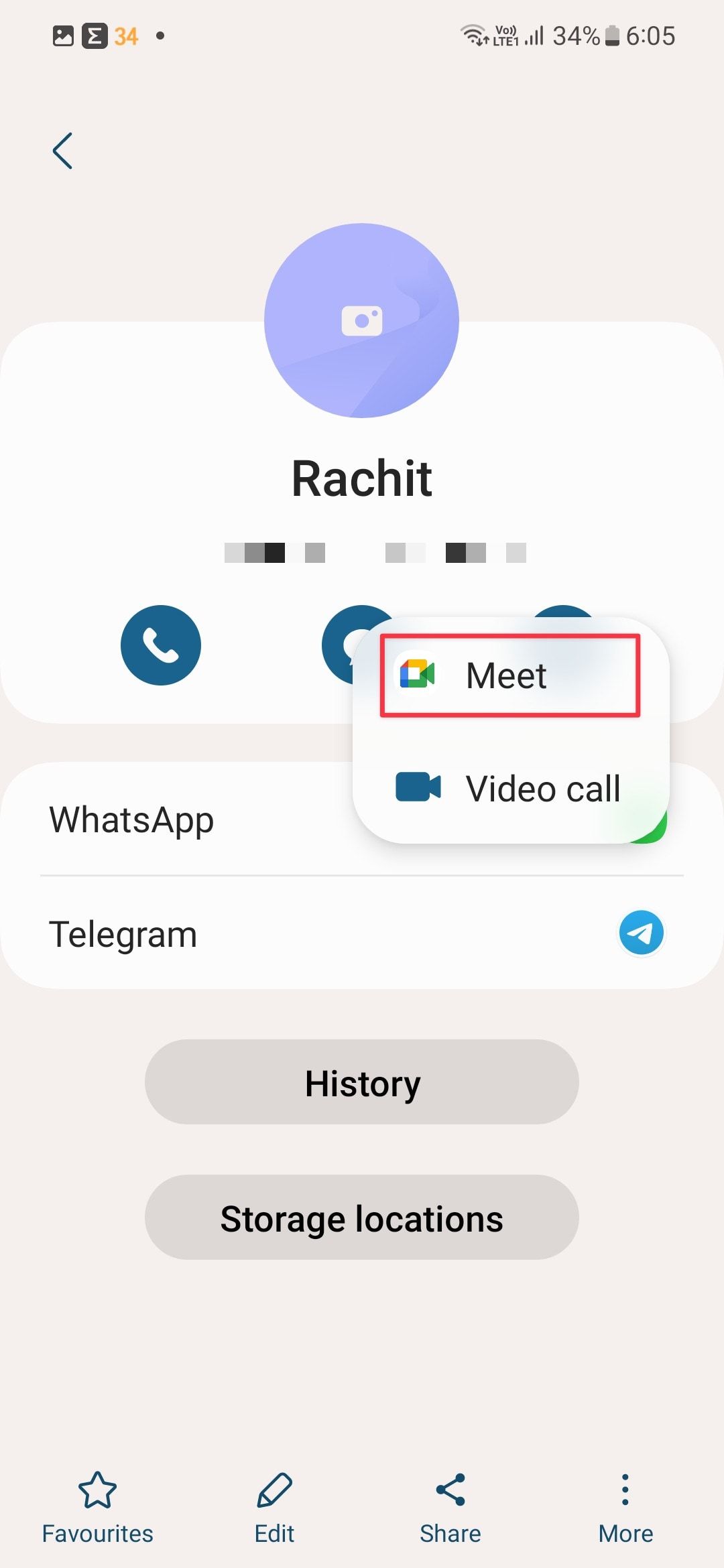 Samsung Contact info page screenshot showing Google Meet