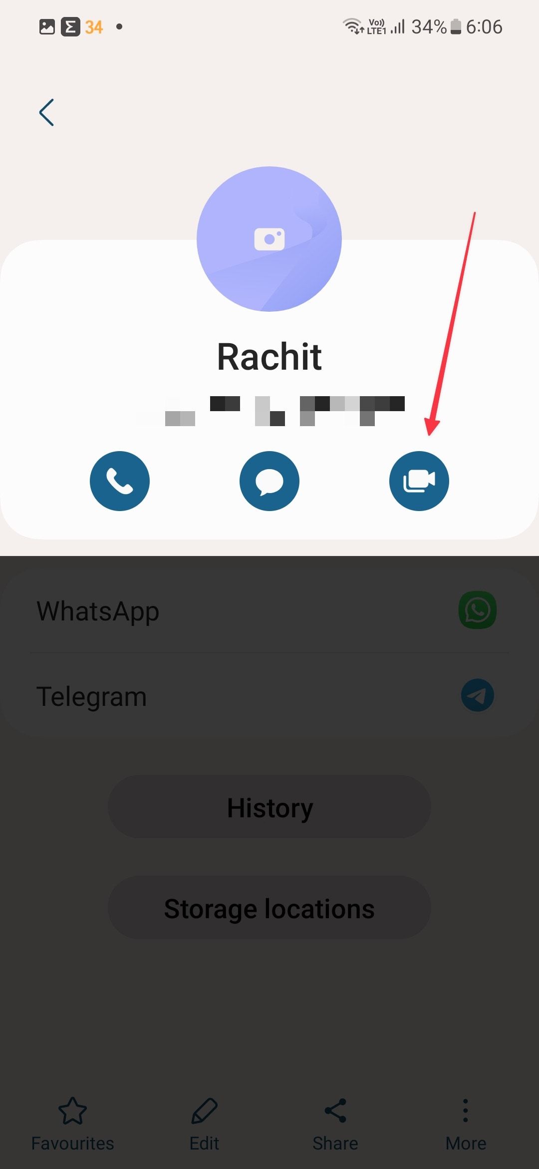 Captura de tela da página de informações de contato da Samsung mostrando o botão de chamada de vídeo