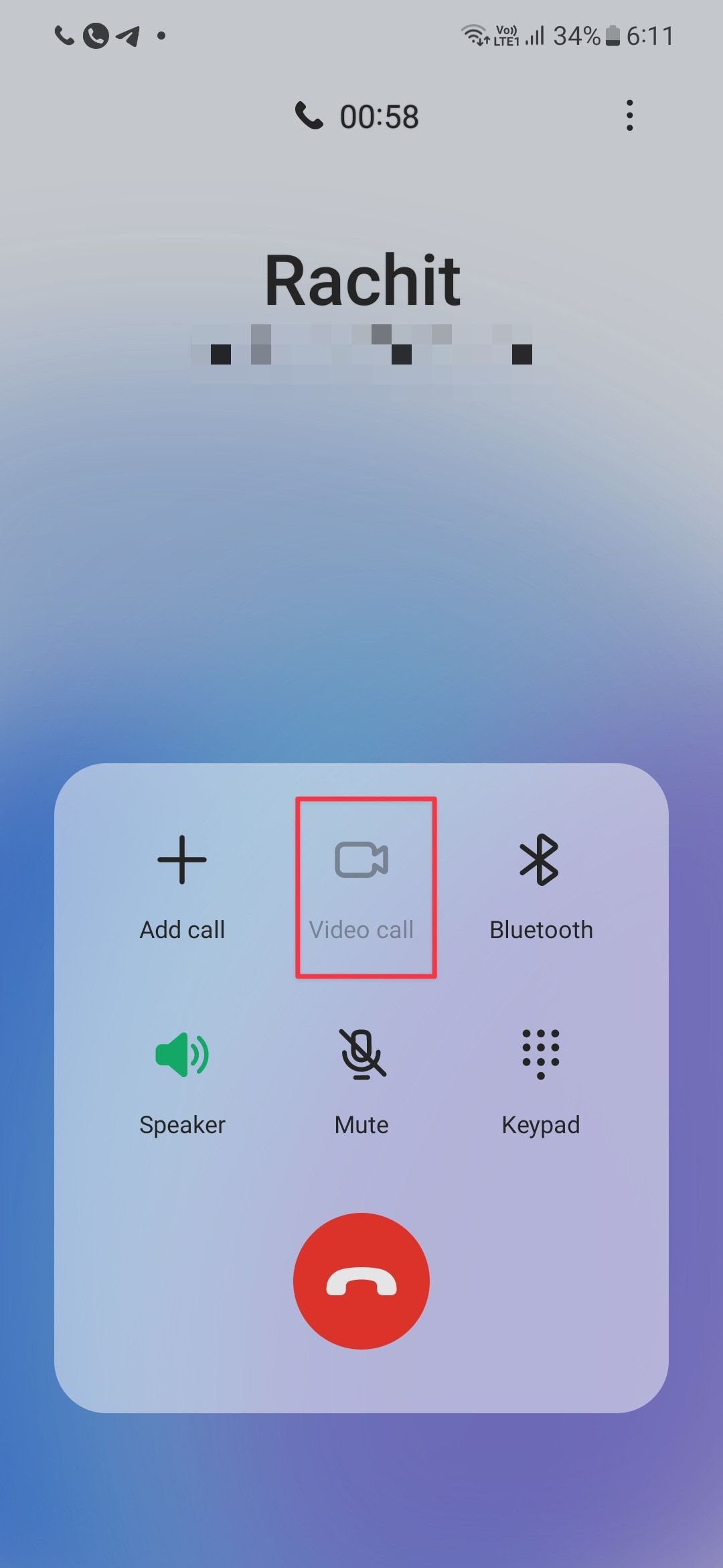 Samsung Call page screenshot showing video call button
