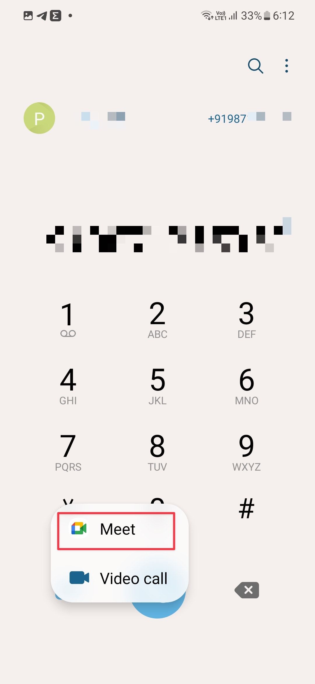 Samsung Dialer screenshot showing video call button