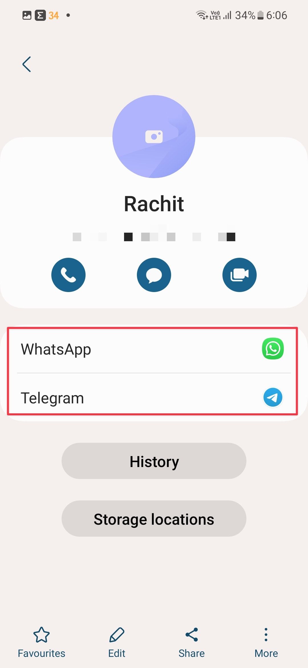Samsung Contact info page screenshot showing WhatsApp and Telegram