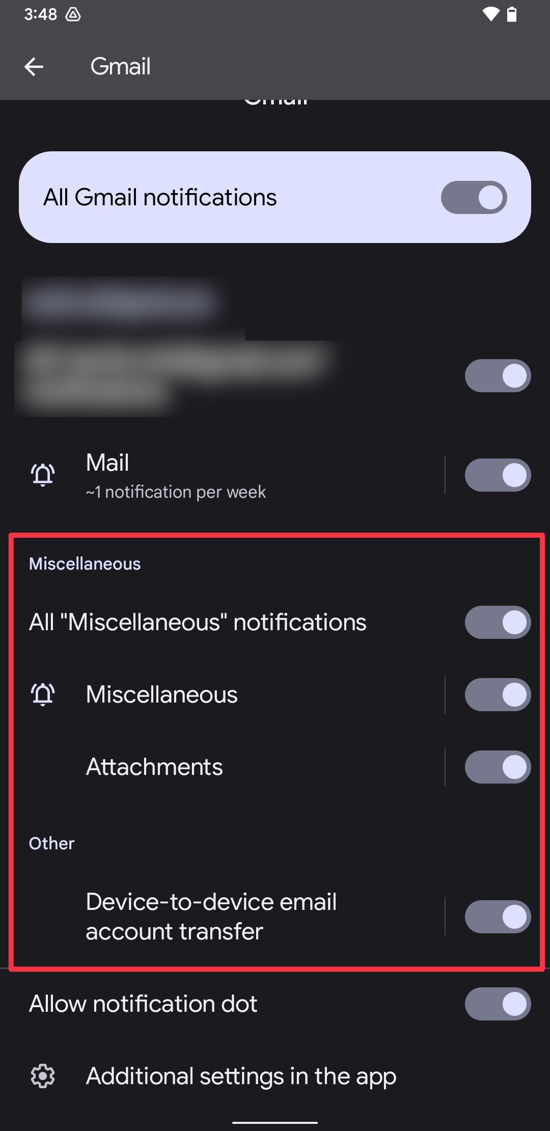 Screenshot showing notification channels
