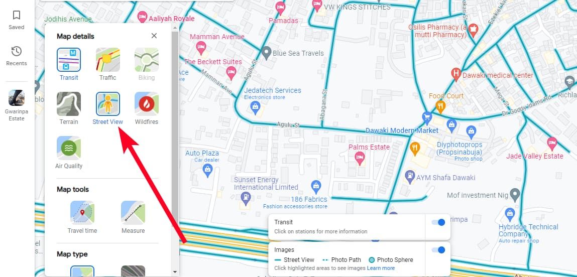 Map details and types in Google Maps web version