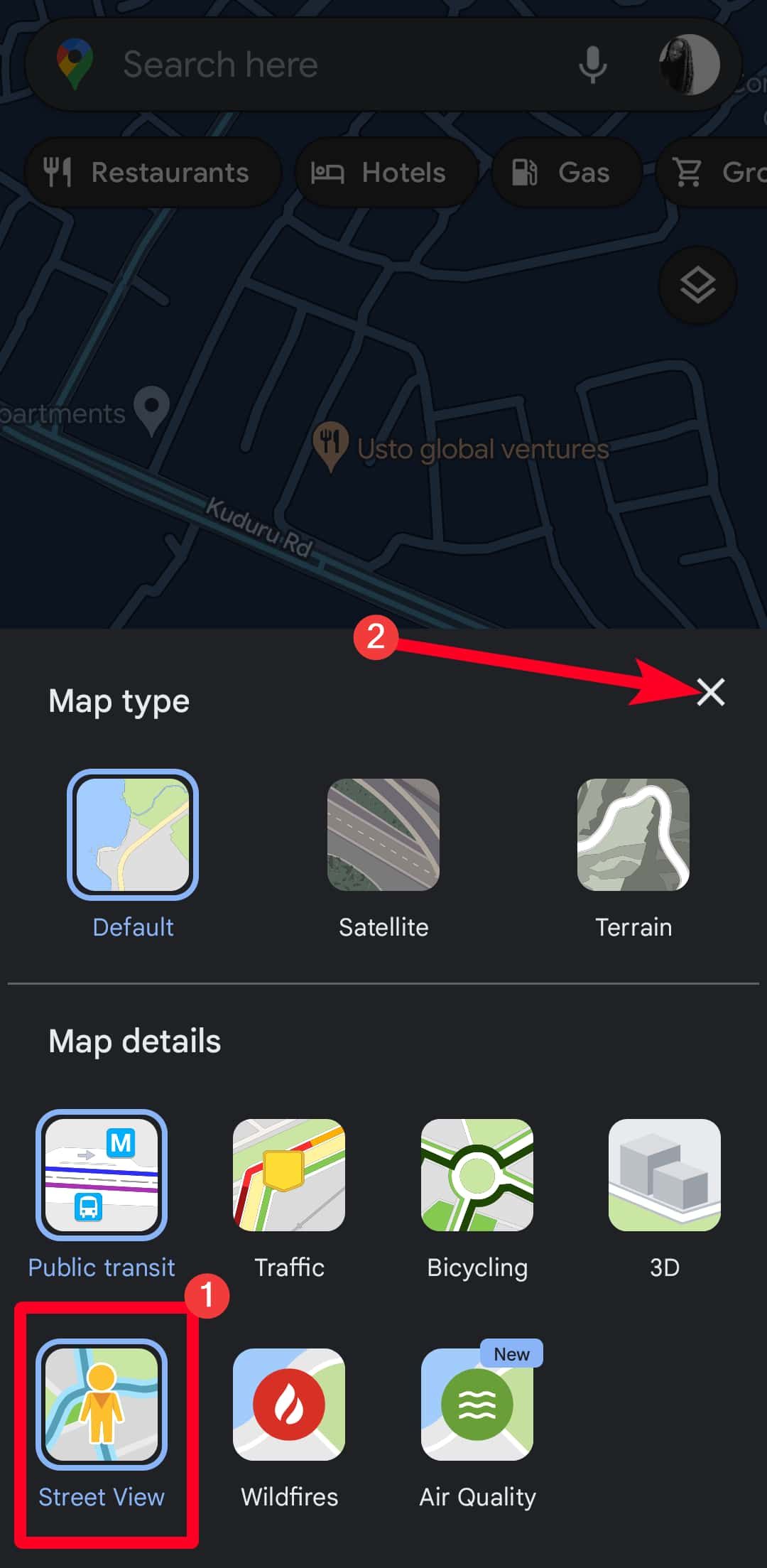 Map types and details menu in Google Maps mobile app