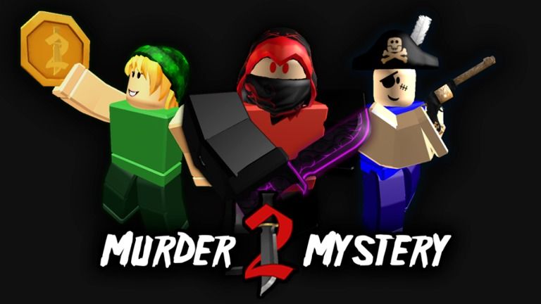 Roblox game poster of Murder Mystery 2 with three characters and text on black background