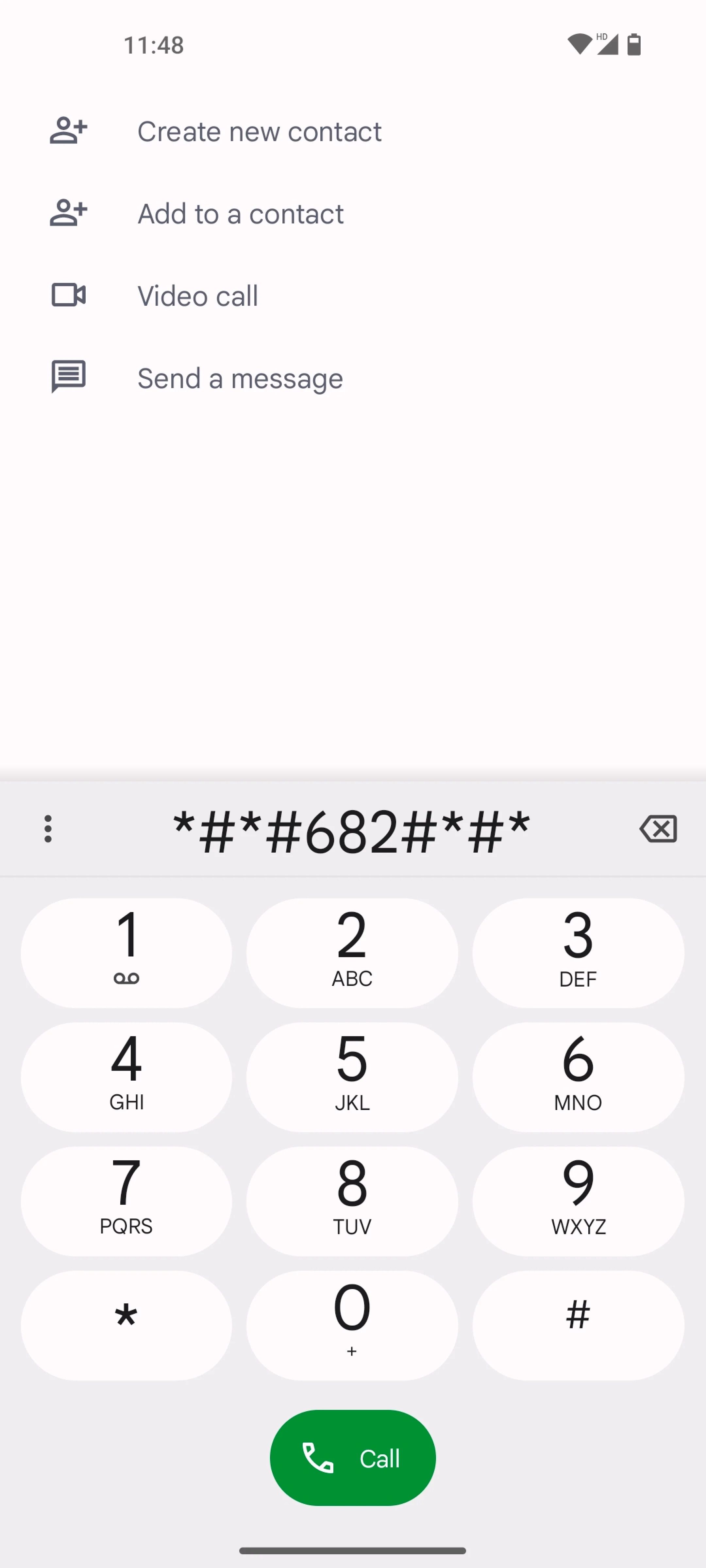 Captura de tela do aplicativo de telefone do Nothing Phone 1 com o shortcode inserido