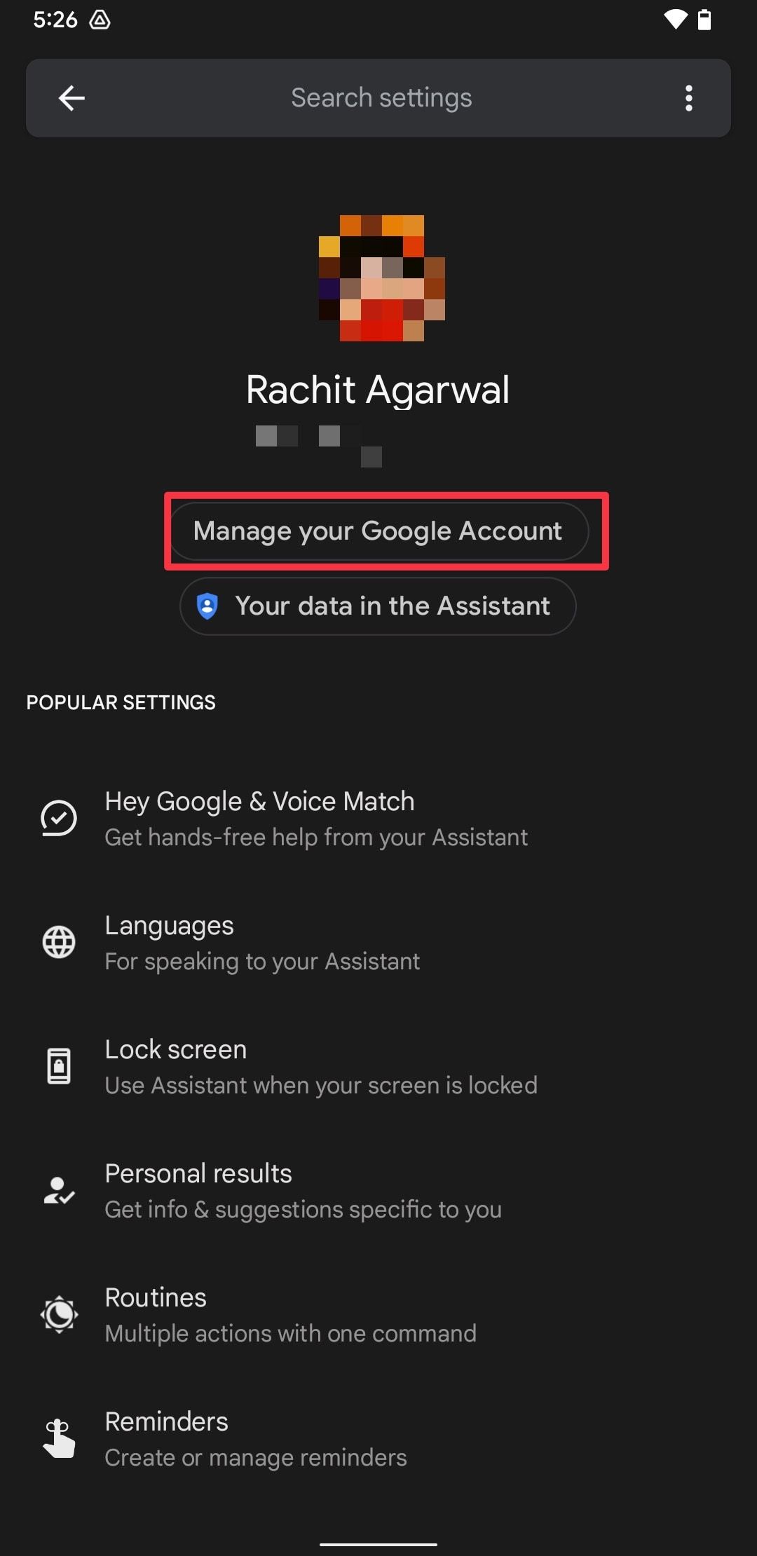 Captura de tela da página Gerenciar configurações do Assistente do Google