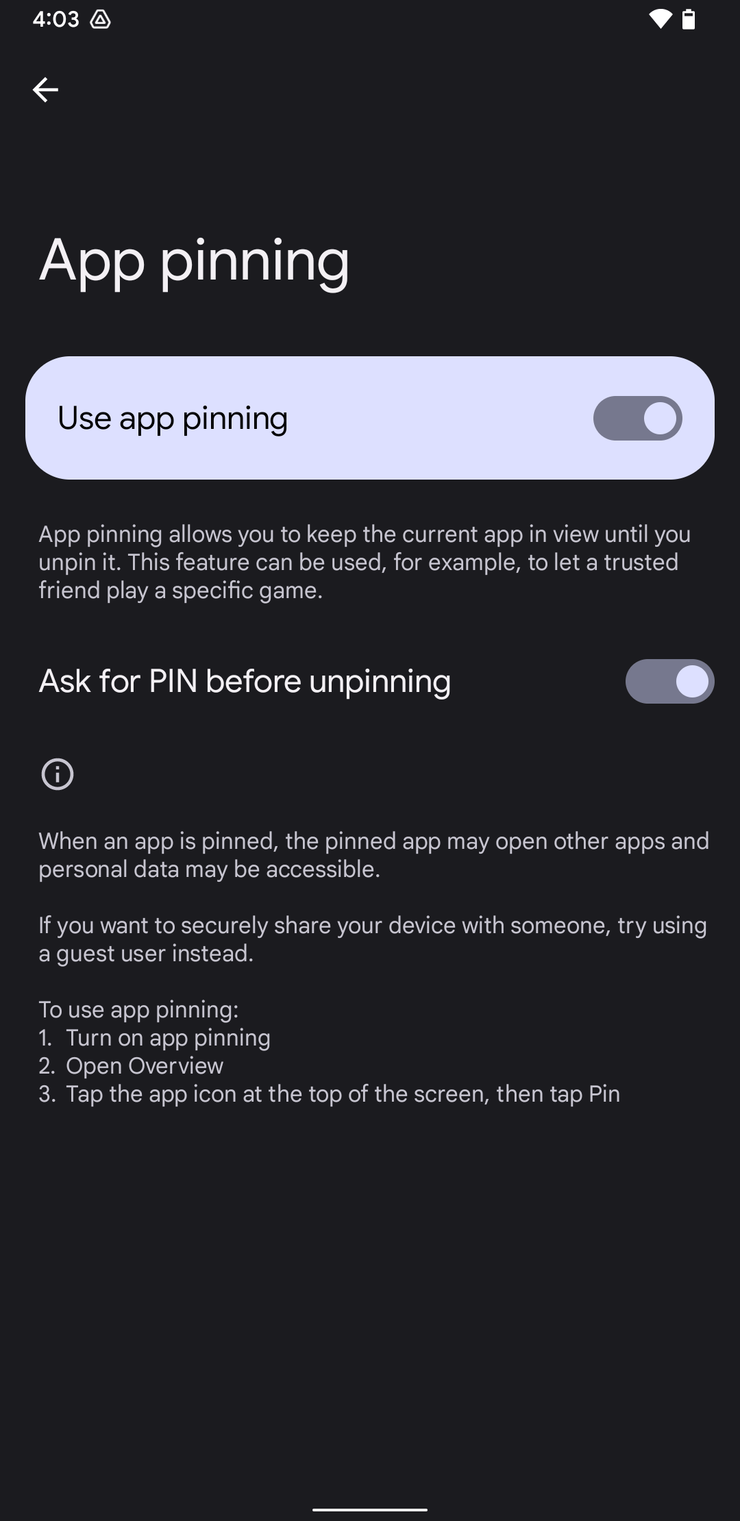 App pinning settings screenshot
