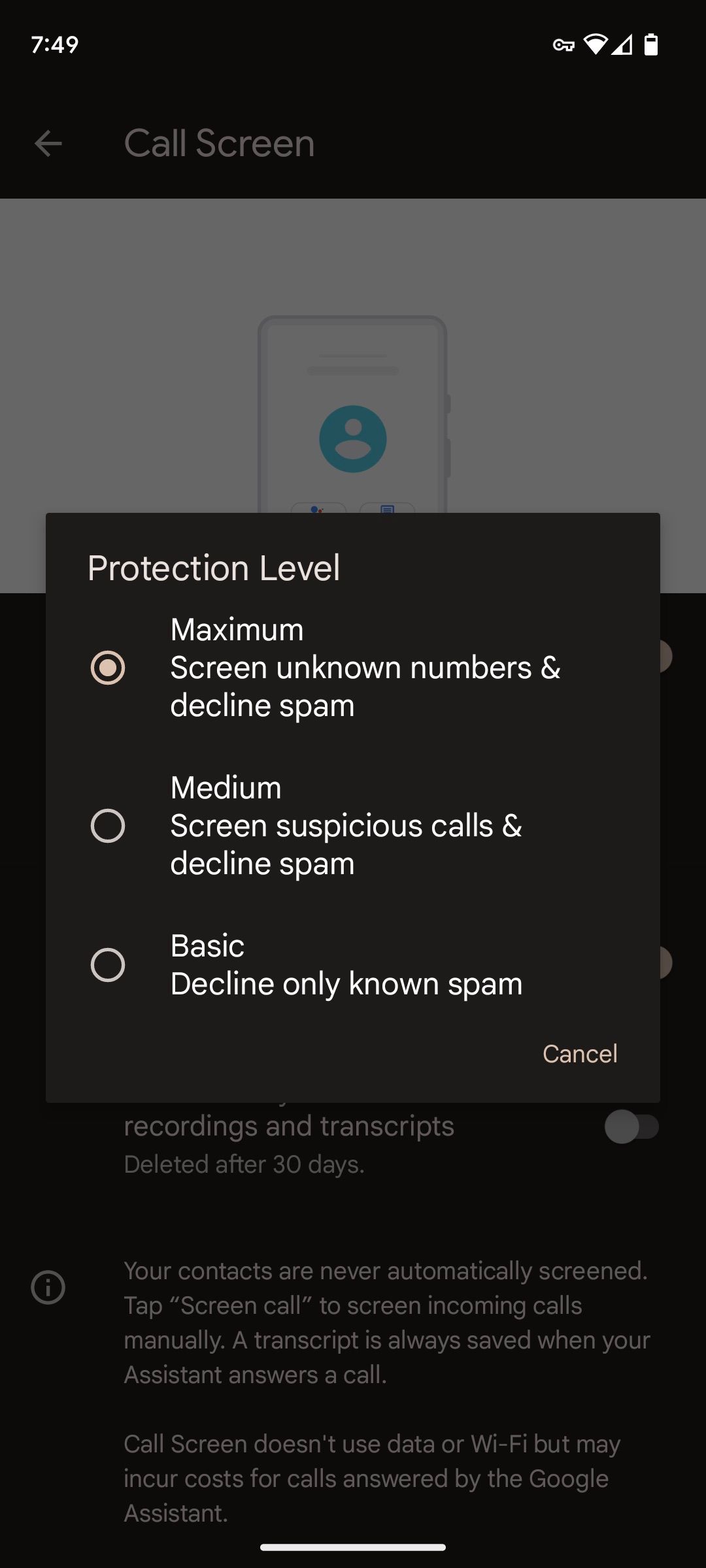 Google Pixel call screen new protection level menu