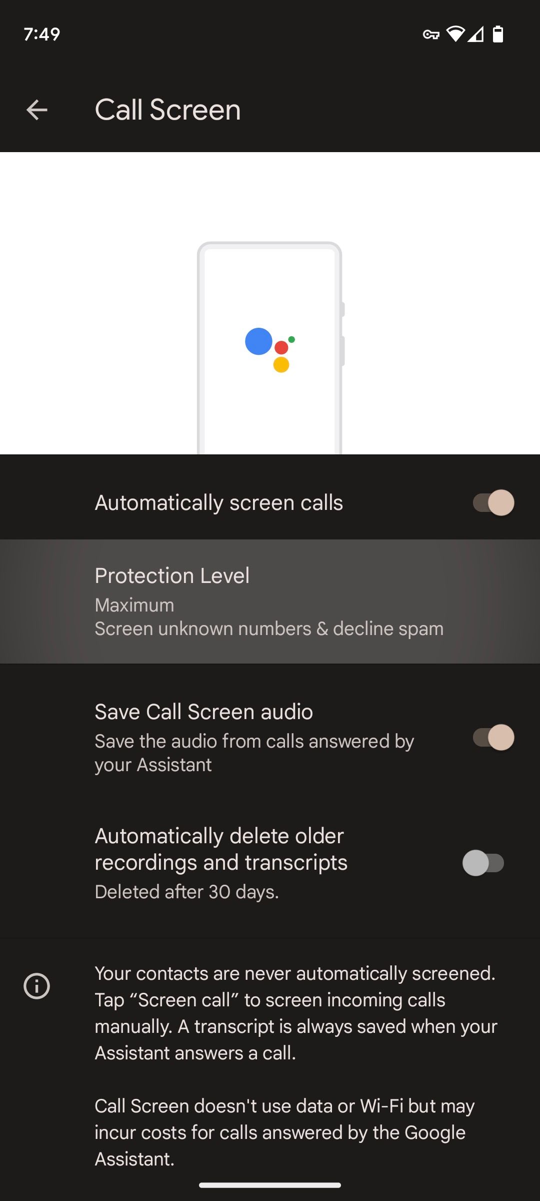 Google Pixel Protection Level menu for Call screen