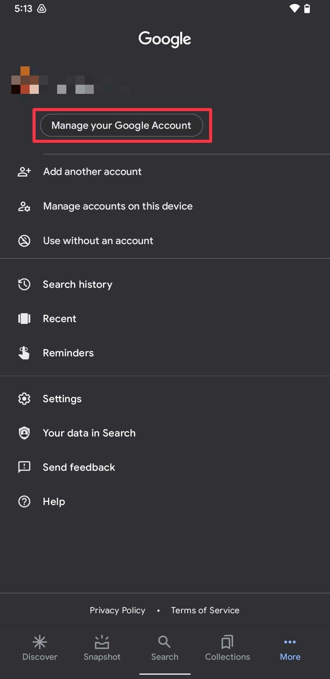 Pixel launcher manage Google account settings button screenshot