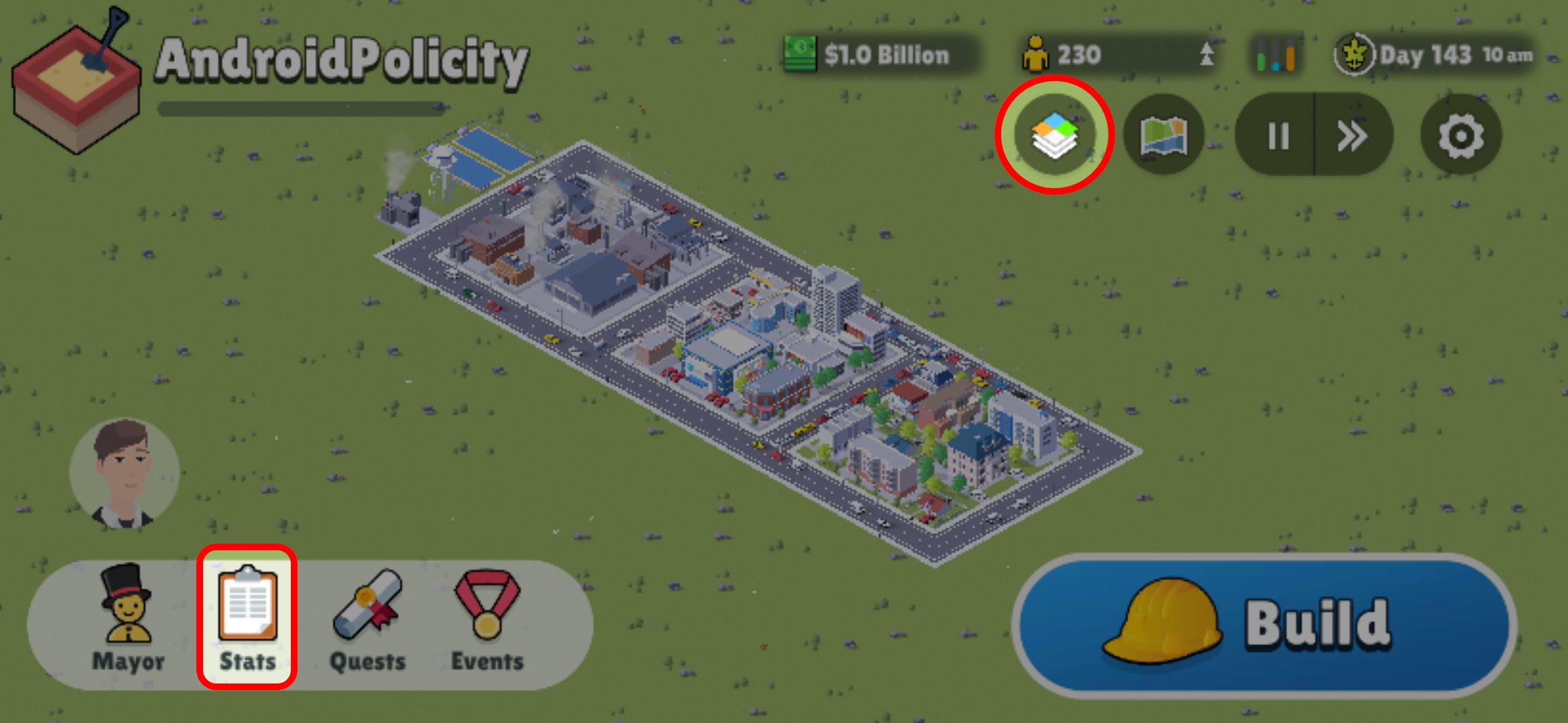 Pocket City 2 screen highlighting the Stats and Overlays options