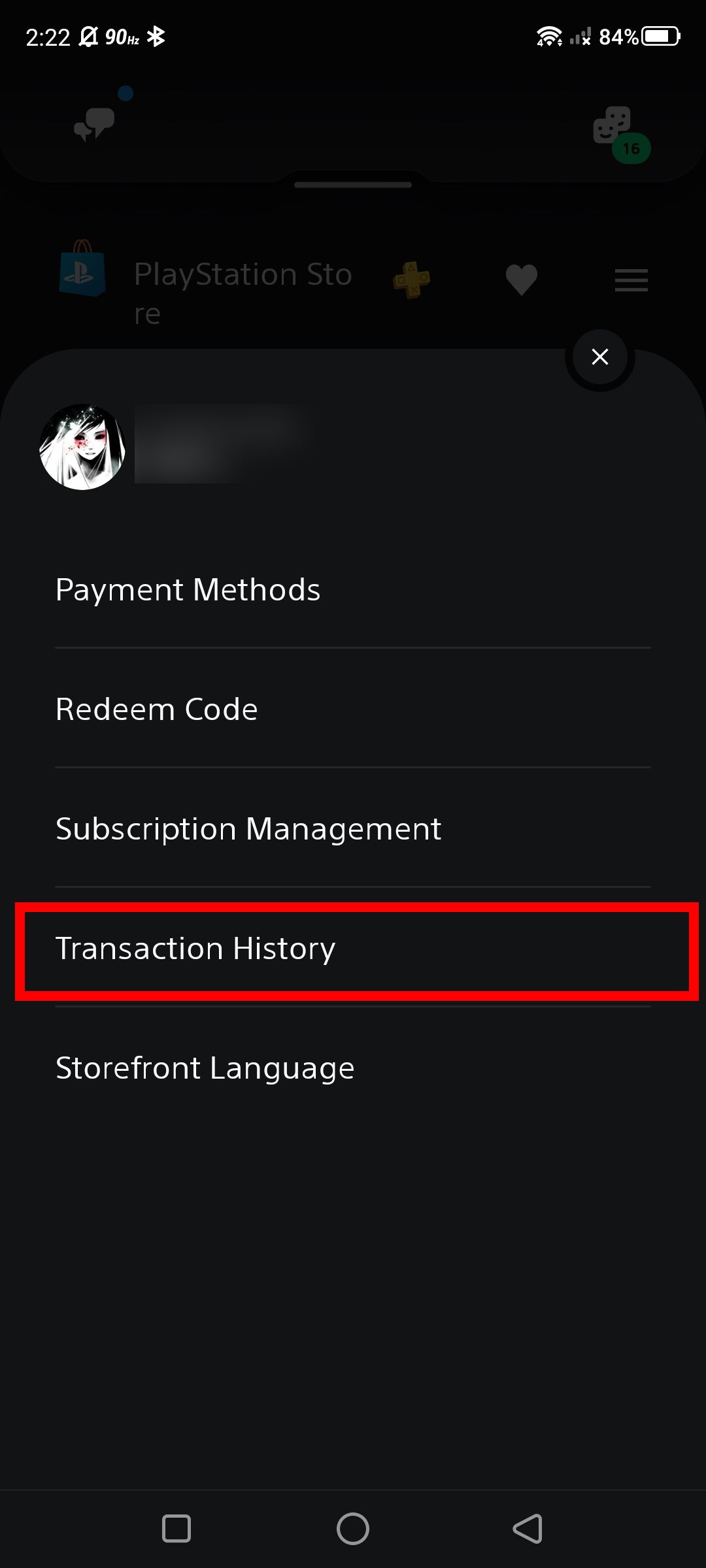 Showcasing the Transaction History option in the PlayStation app on Android