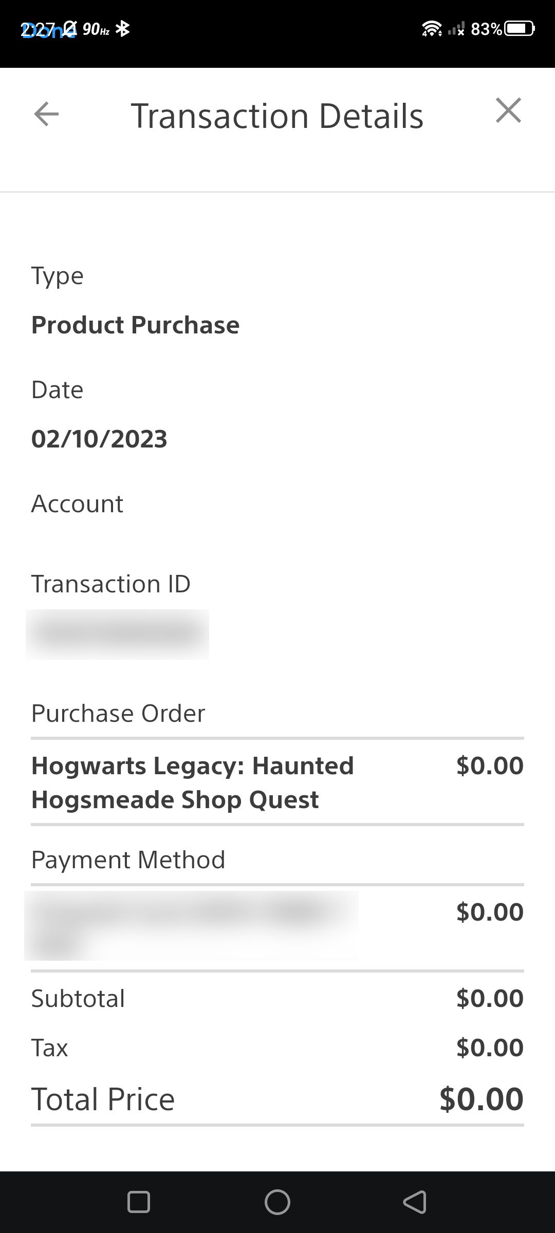 An example of the transaction details of a DLC entry on the PlayStation app on Android