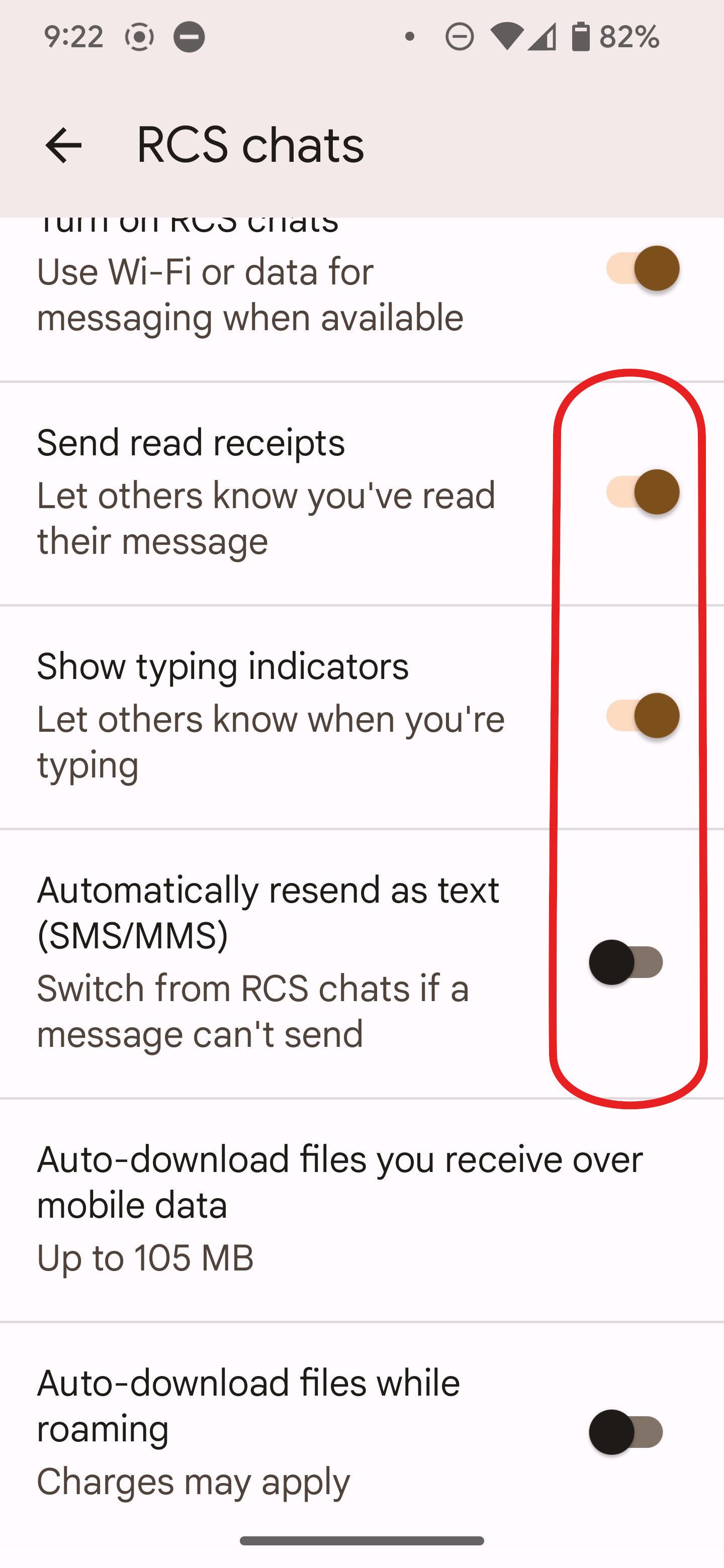 A screenshot of Google Messages settings with an outline highlighting toggles for RCS chat options.