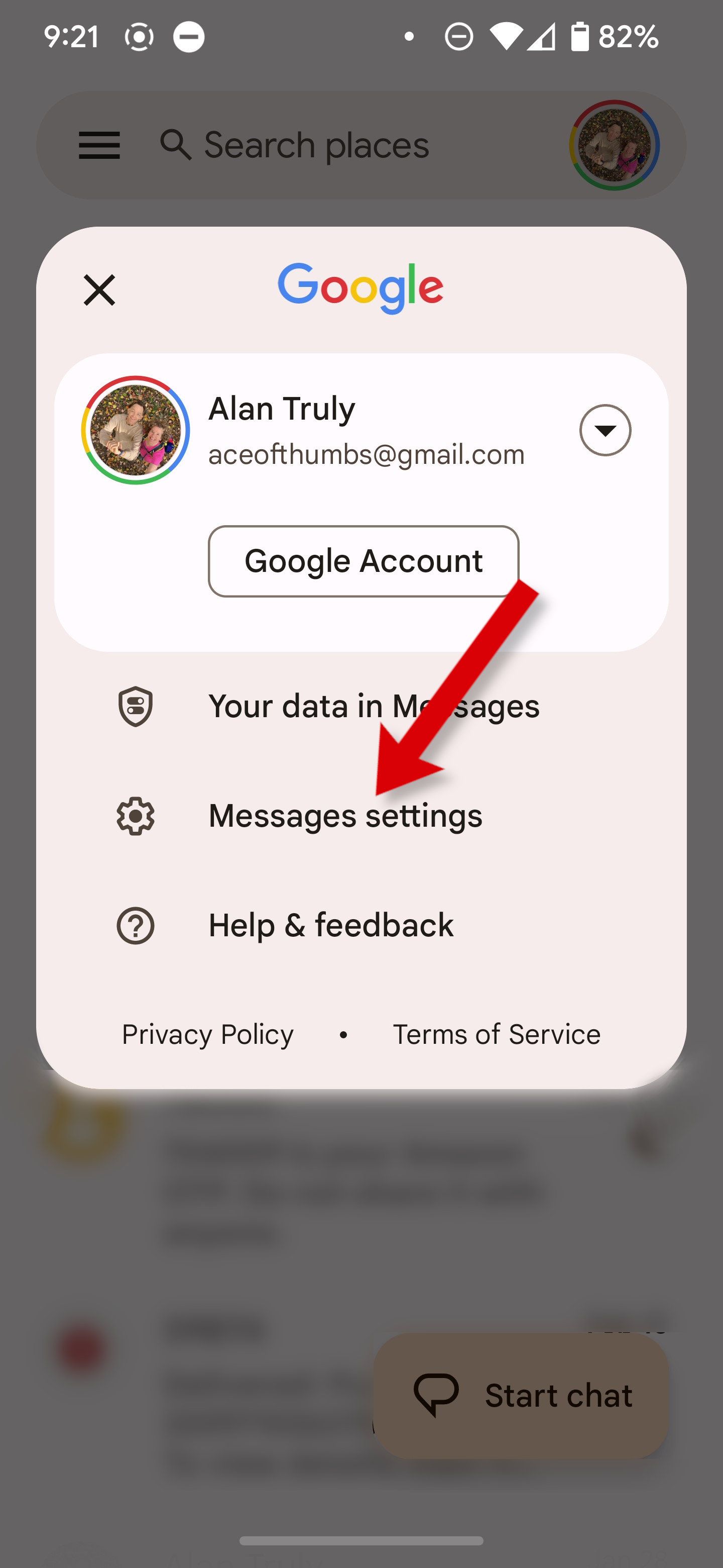 A screenshot of Google Messages app with an arrow pointing to the Messages settings.