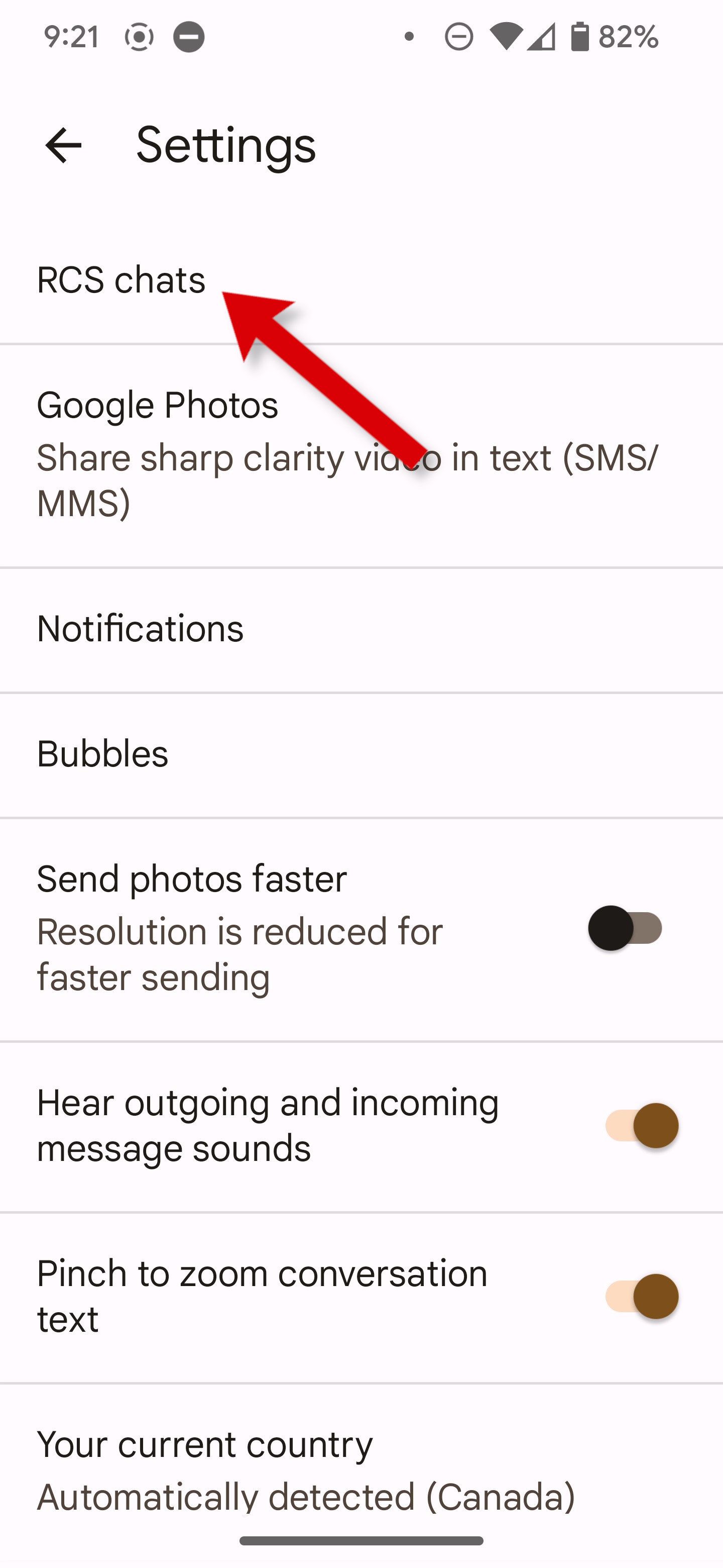 A screenshot of Google Messages settings with an arrow pointing to the RCS chats.