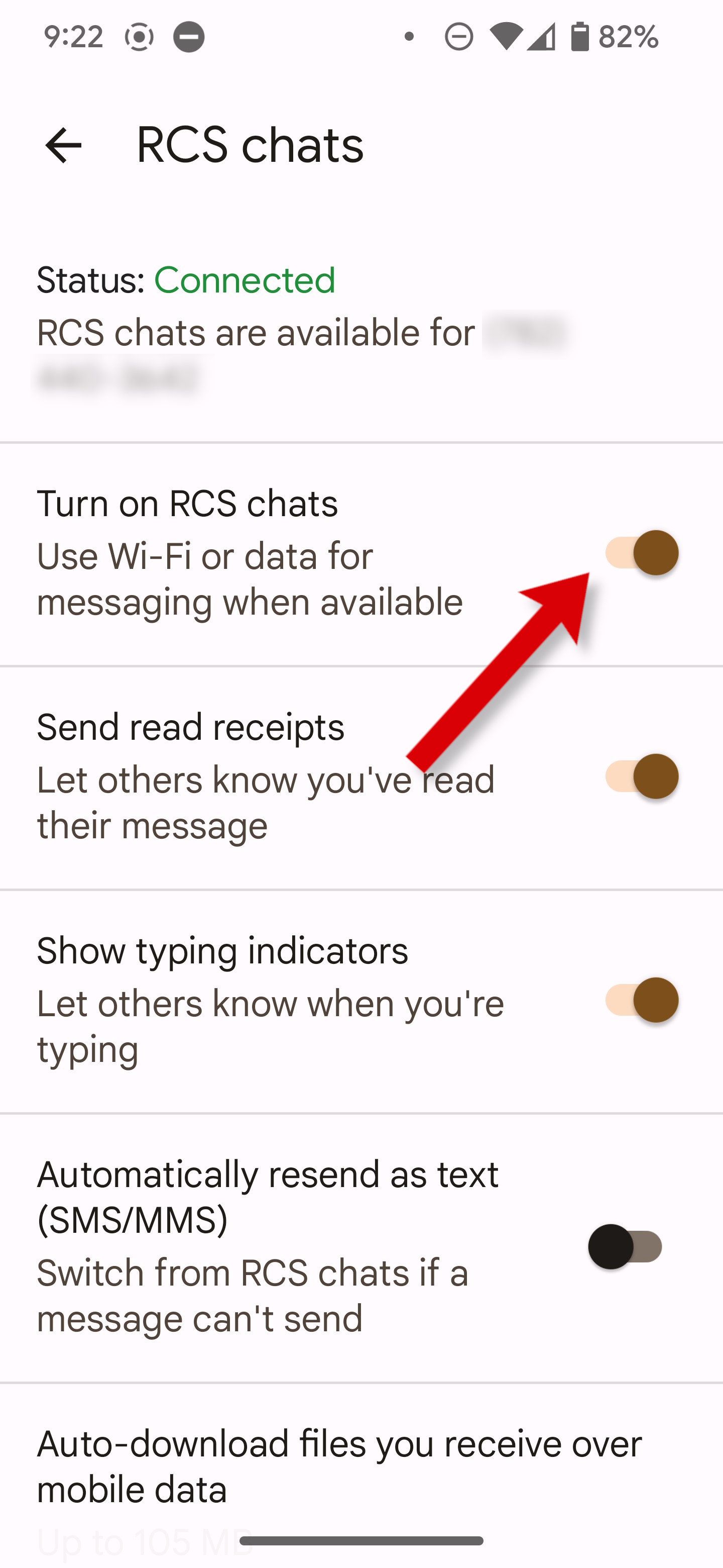 A screenshot of Google Messages settings with an arrow pointing to the RCS chats toggle.