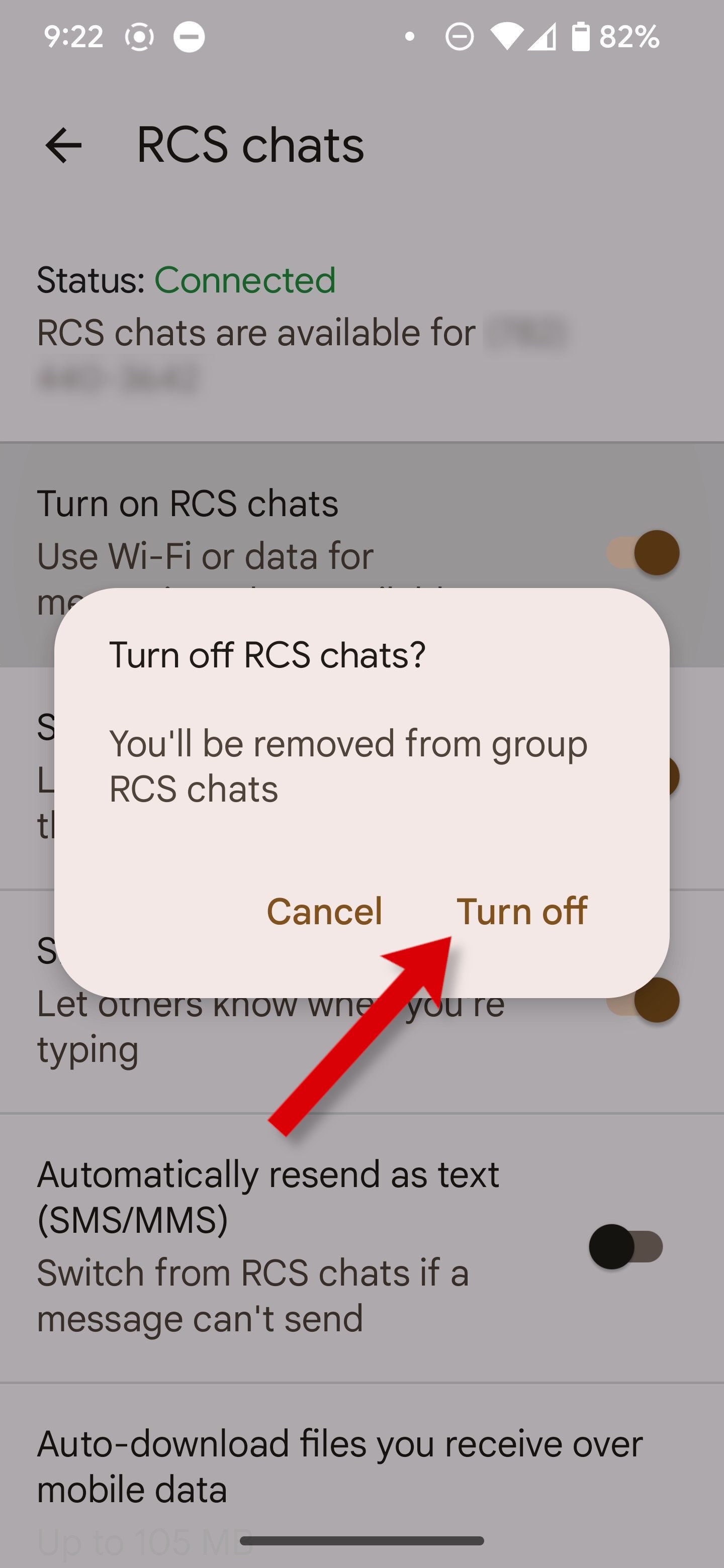 A screenshot of Google Messages settings with an arrow pointing to the Turn off confirmation button.
