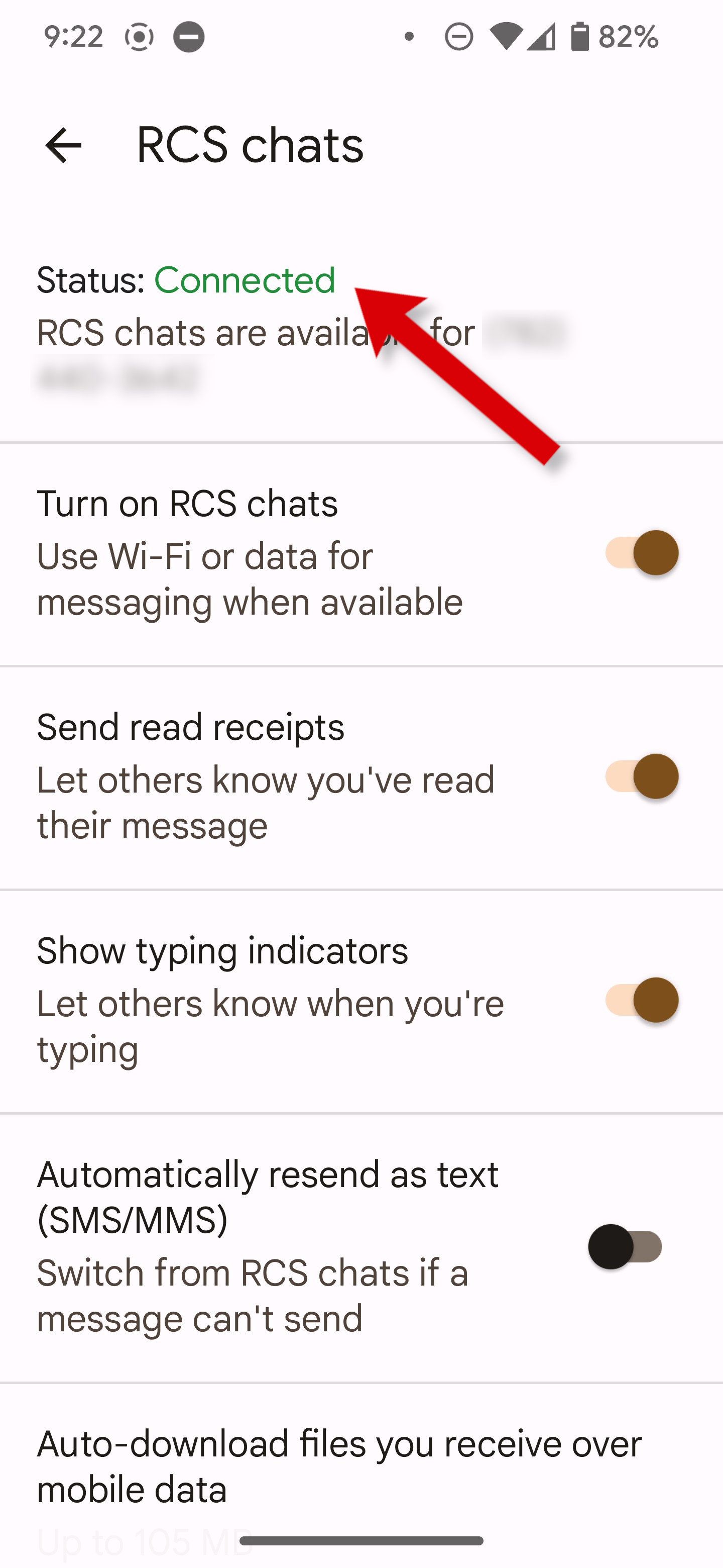 A screenshot of Google Messages settings with an arrow pointing to RCS chats Connected indicator.