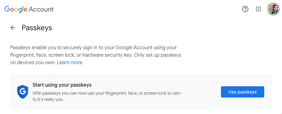 Screenshot of the passkeys section in the Google Account settings