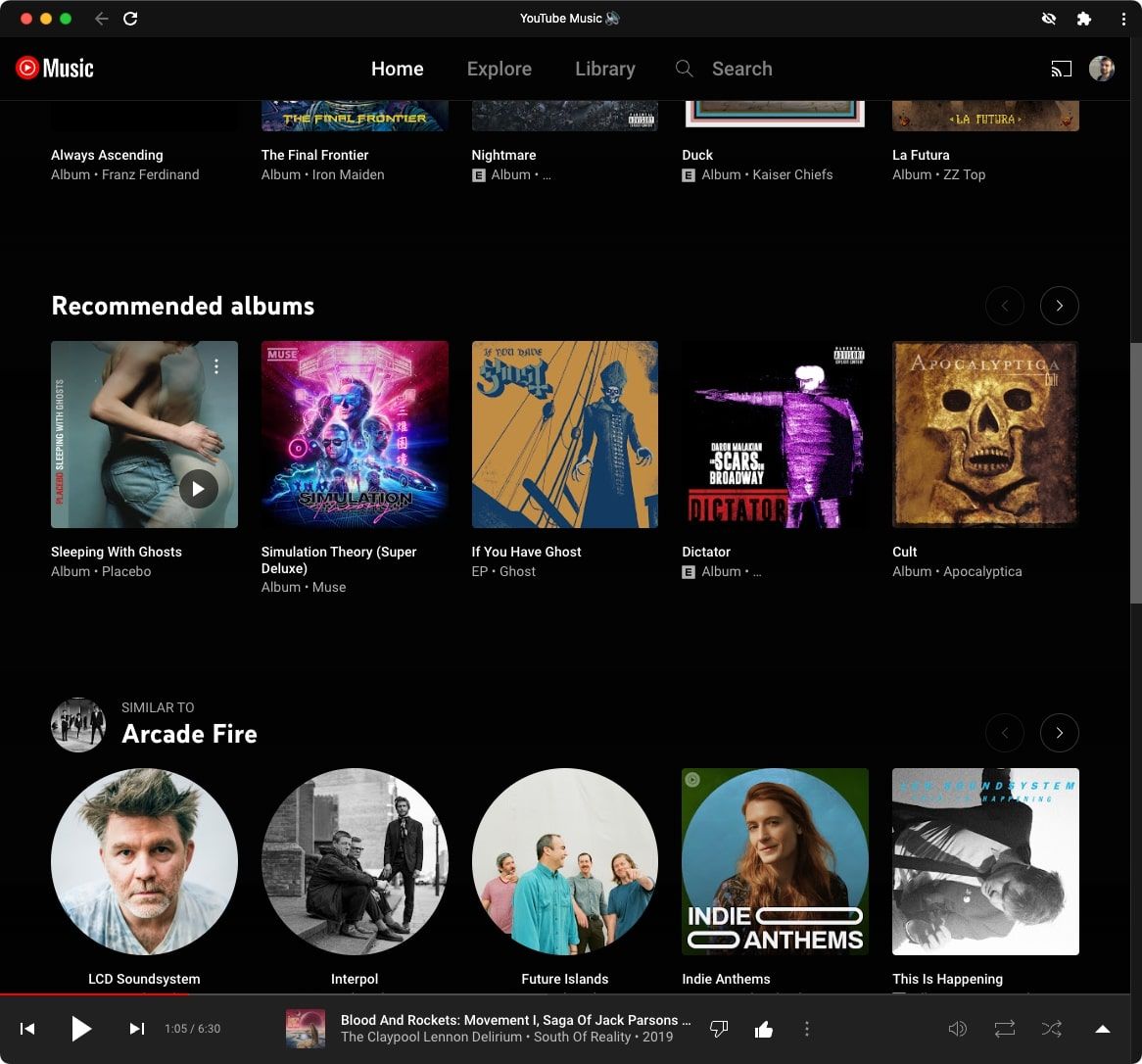 Álbuns recomendados do YouTube Music