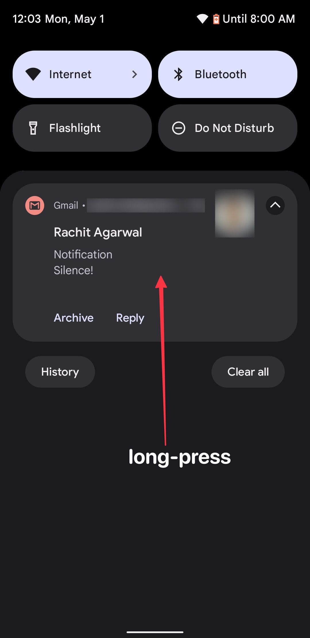 Long-press on notification in notification panel