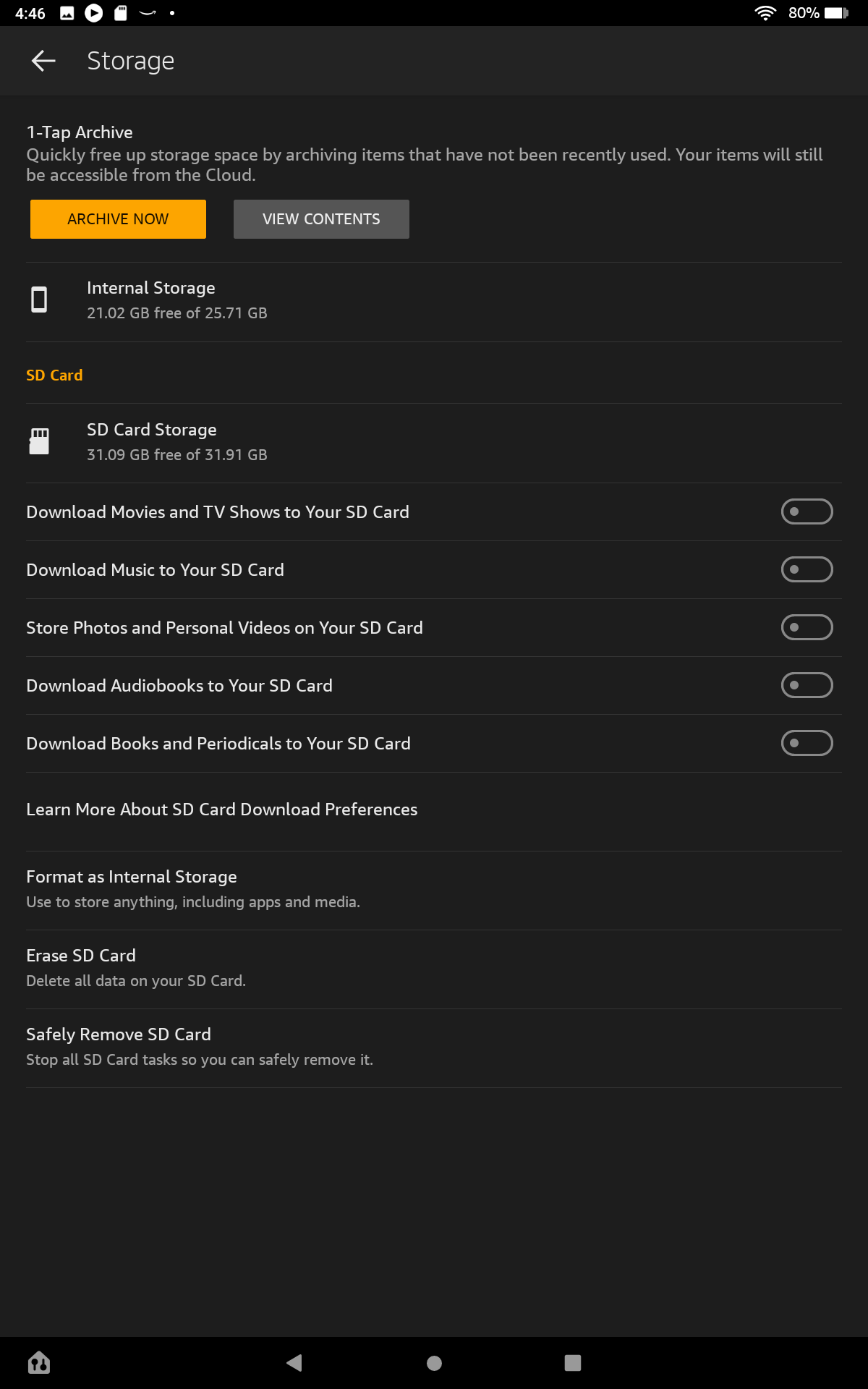 The Settings page for manage storage and SD cards on Fire OS, with options to download content to and format the memory card.