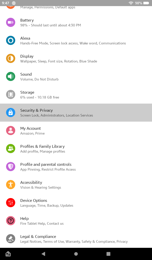 Amazon Fire 7 settings menu with Security & Privacy highlighted
