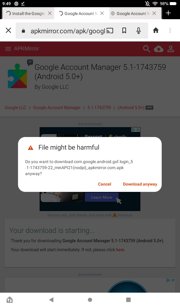 APK Mirror on the Fire 7 with a "File might be harmful" pop-up message