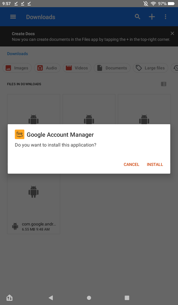 Google Account Manager install prompt seen on an Amazon Fire 7