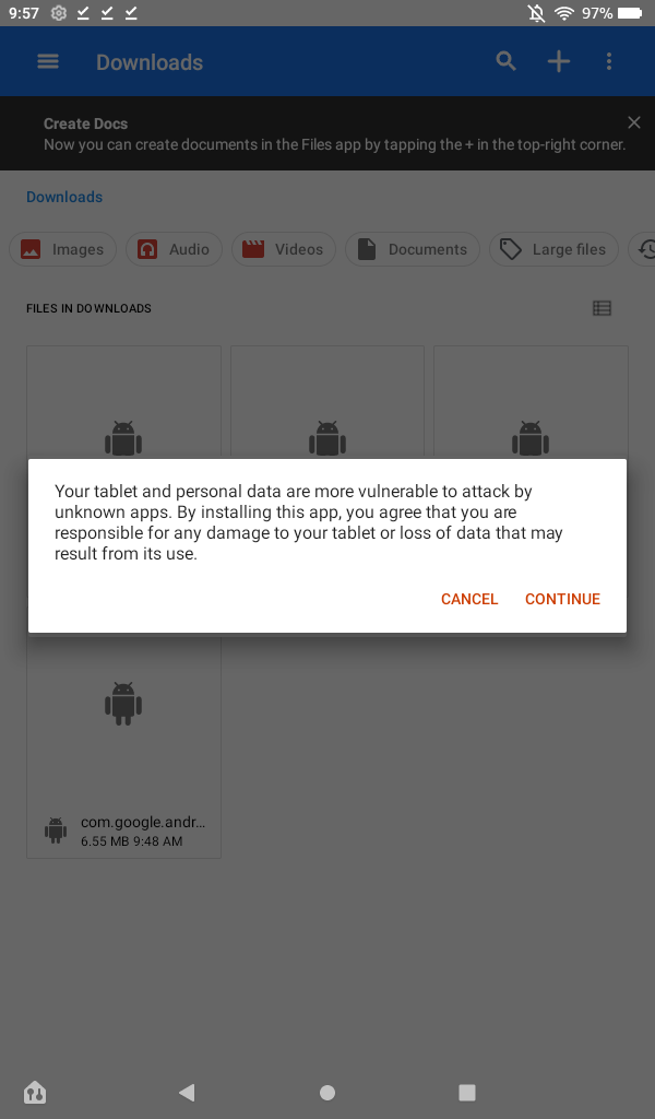 A warning before installing APKs on Amazon Fire 7