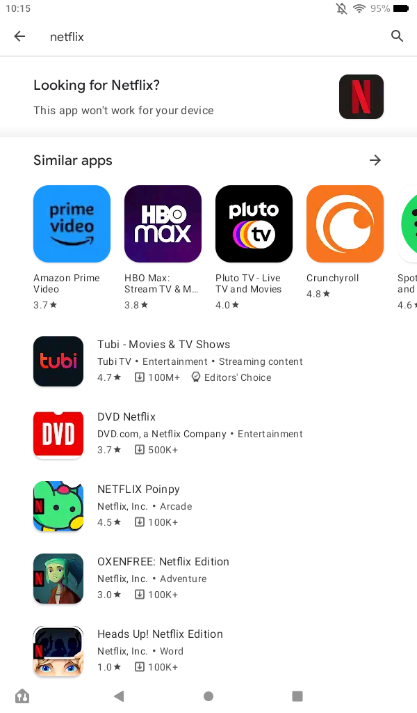 The Play Store on Fire 7 showing the missing Netflix app