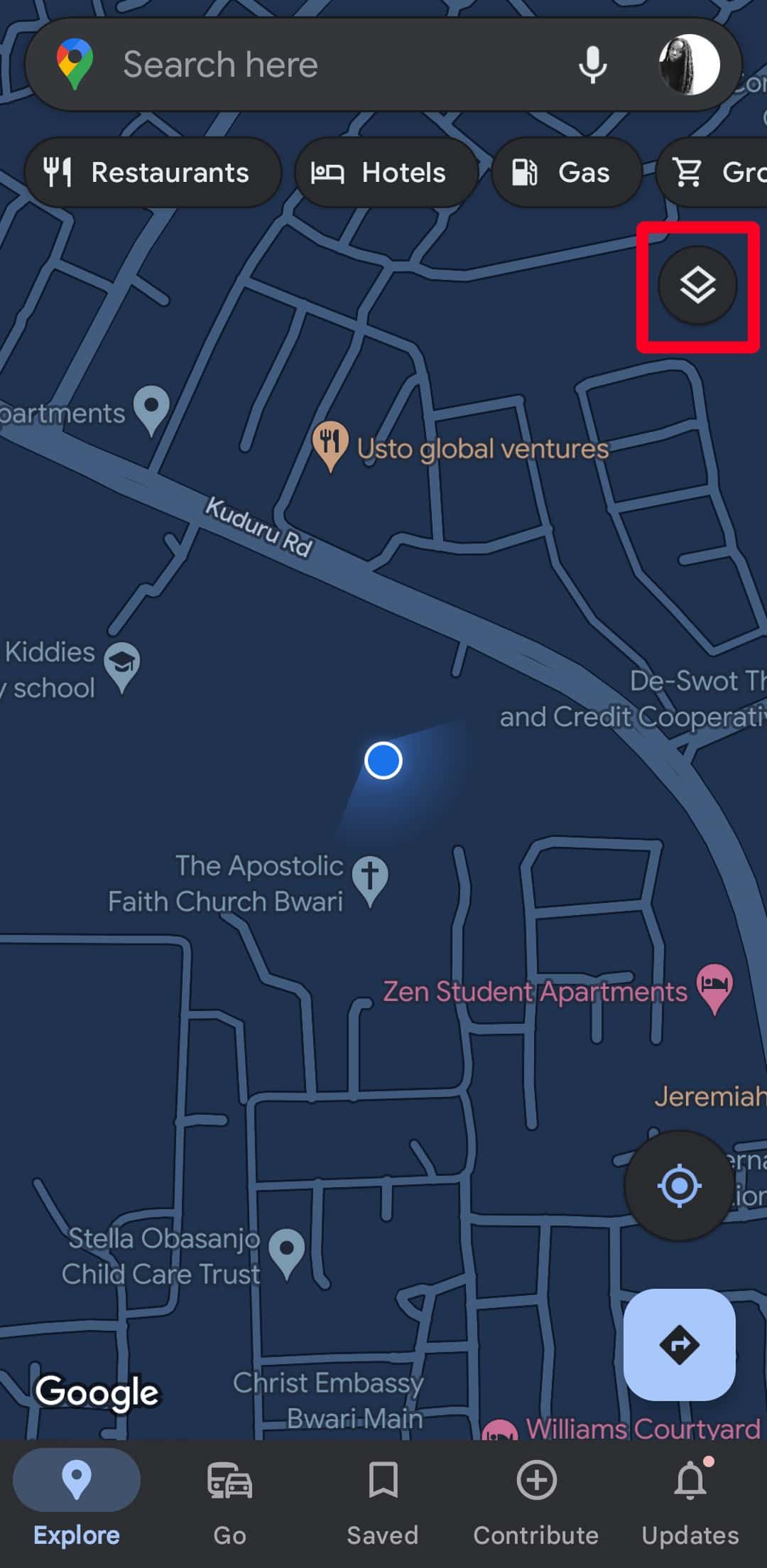 Selecting the layers icon in Google Maps mobile app