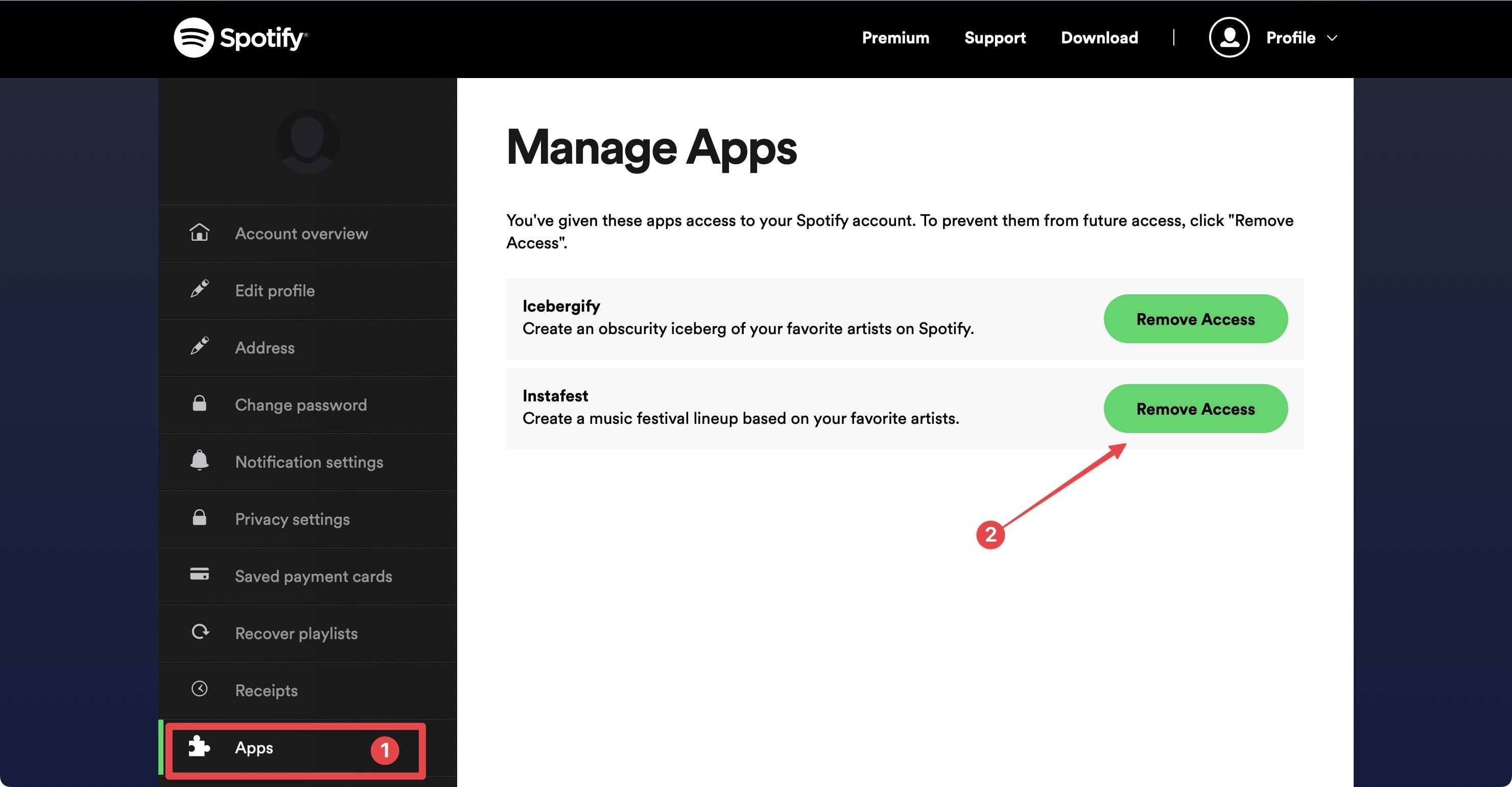 Spotify web app screenshot showing manage apps section