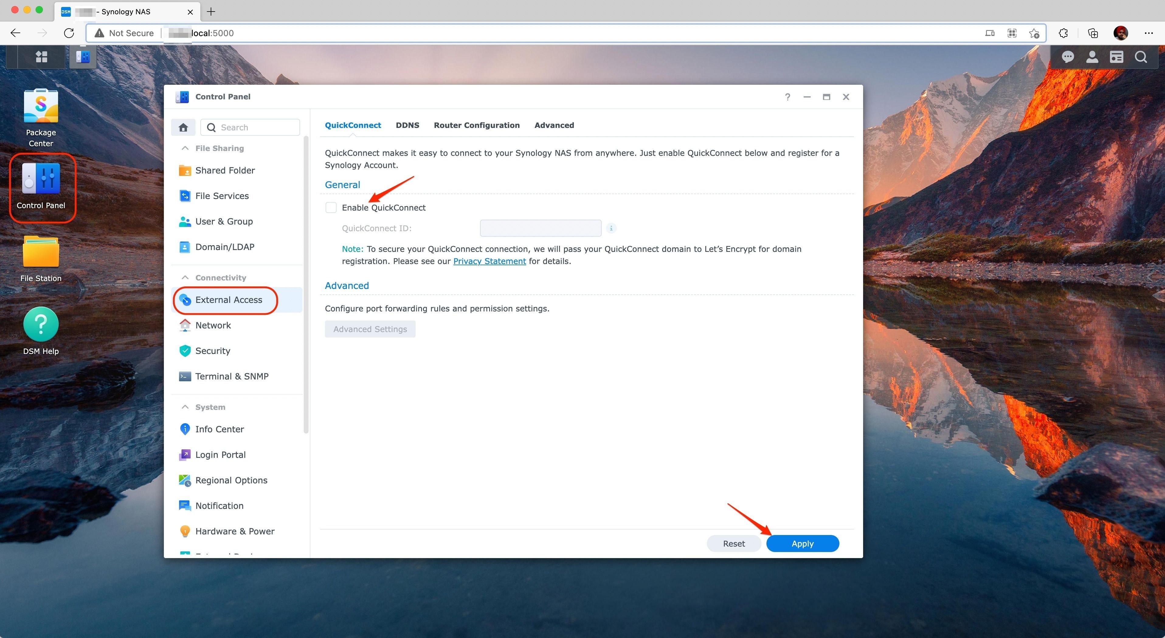 Screenshot shows Synology NAS in a web browser with control panel pop up open. Arrows pointing to 'External Access' and 'Enable Quickconnect'.