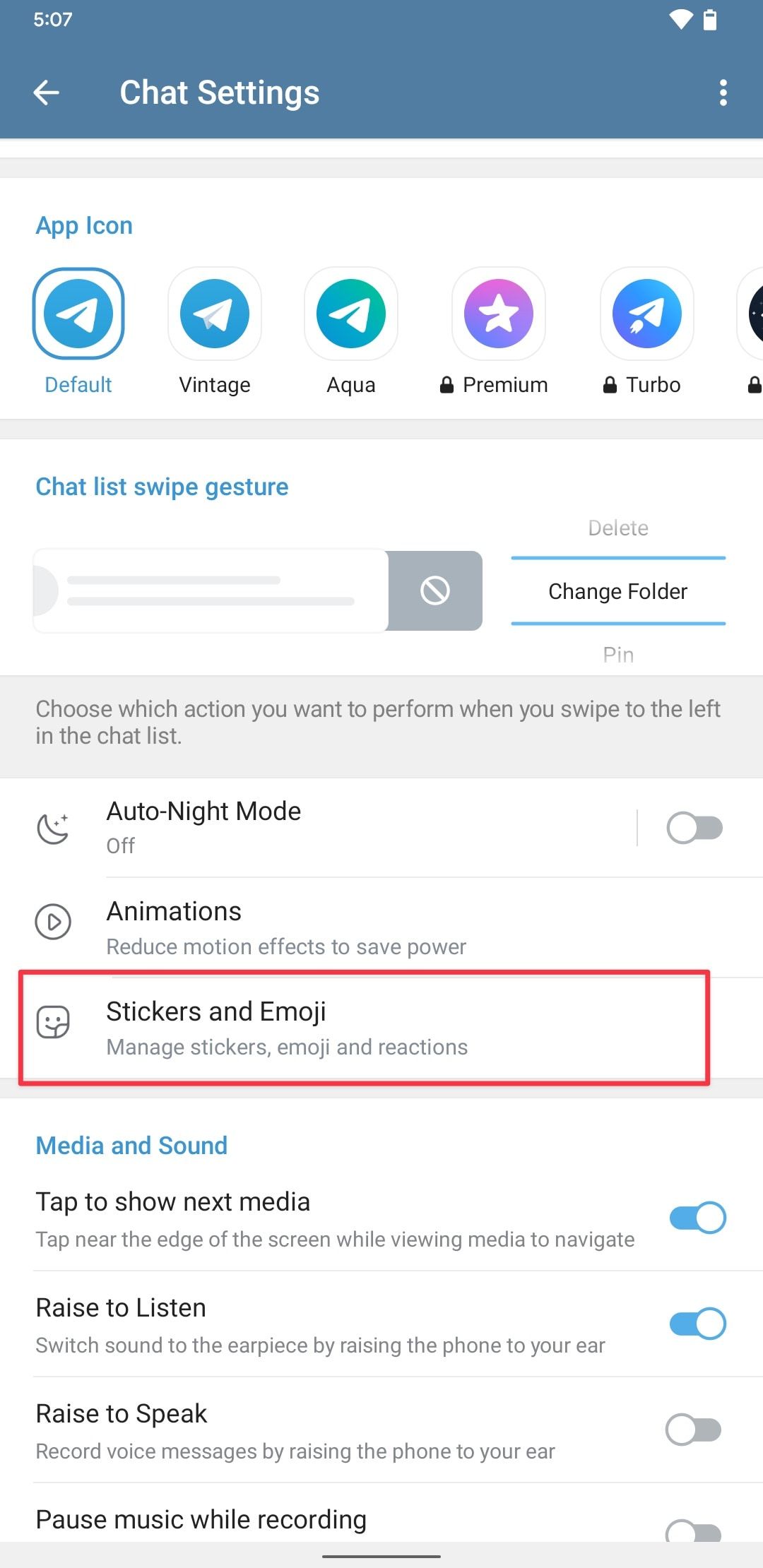 Telegram chat settings page screenshot showing Stickers and Emoji option