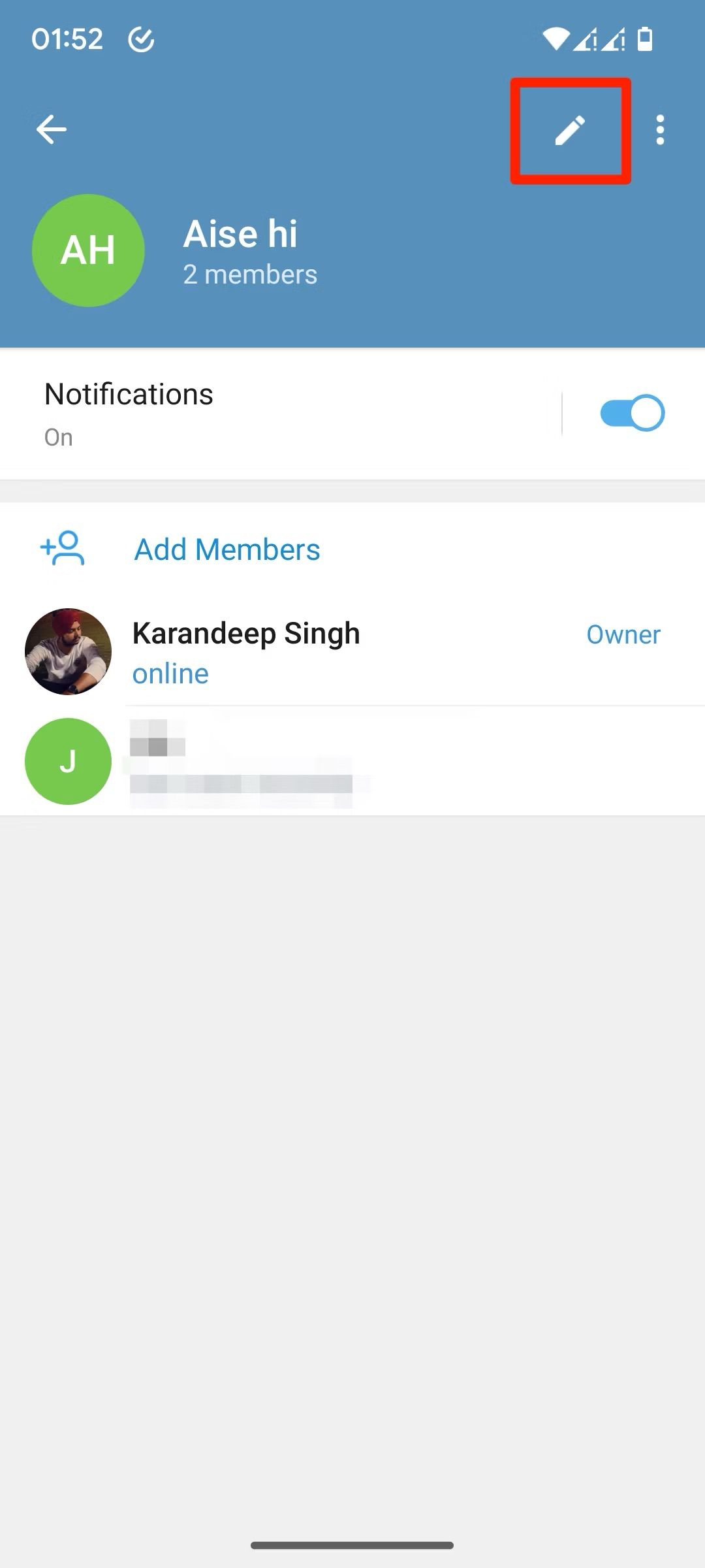 Telegram chat window group edit button screenshot