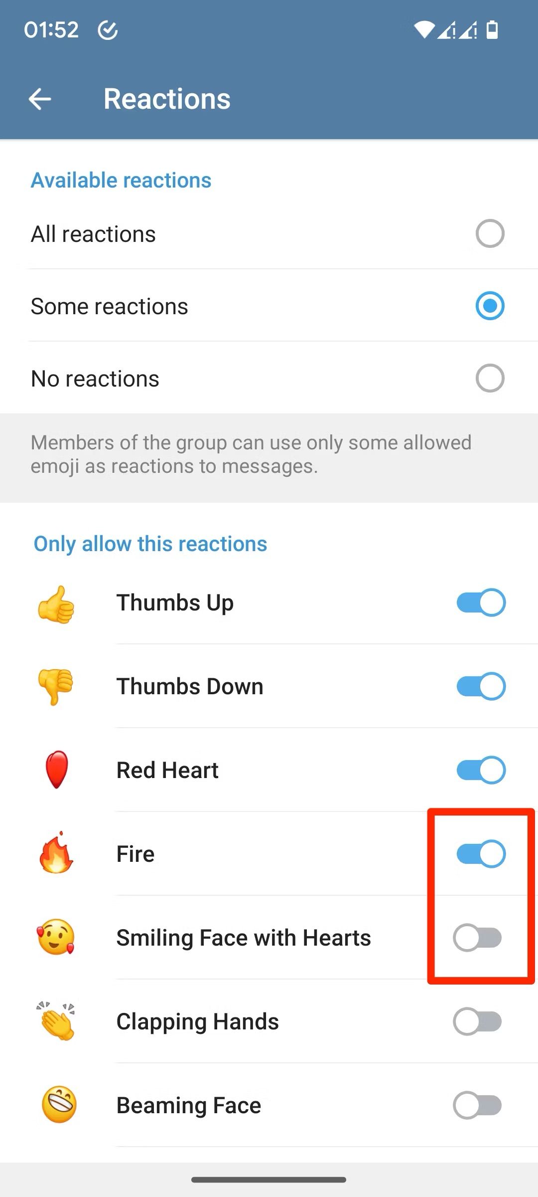 Telegram chat window group reaction permission page screenshot