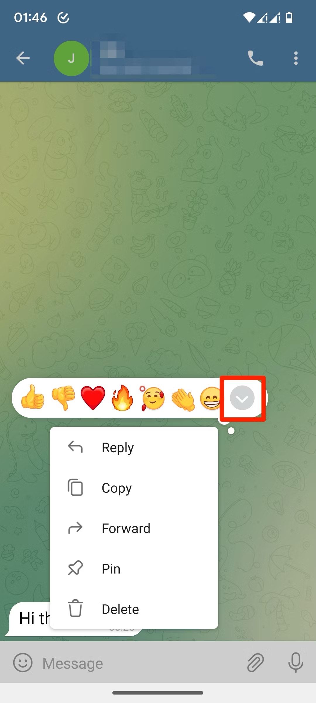 Telegram emoji reaction menu dropdown arrow screenshot