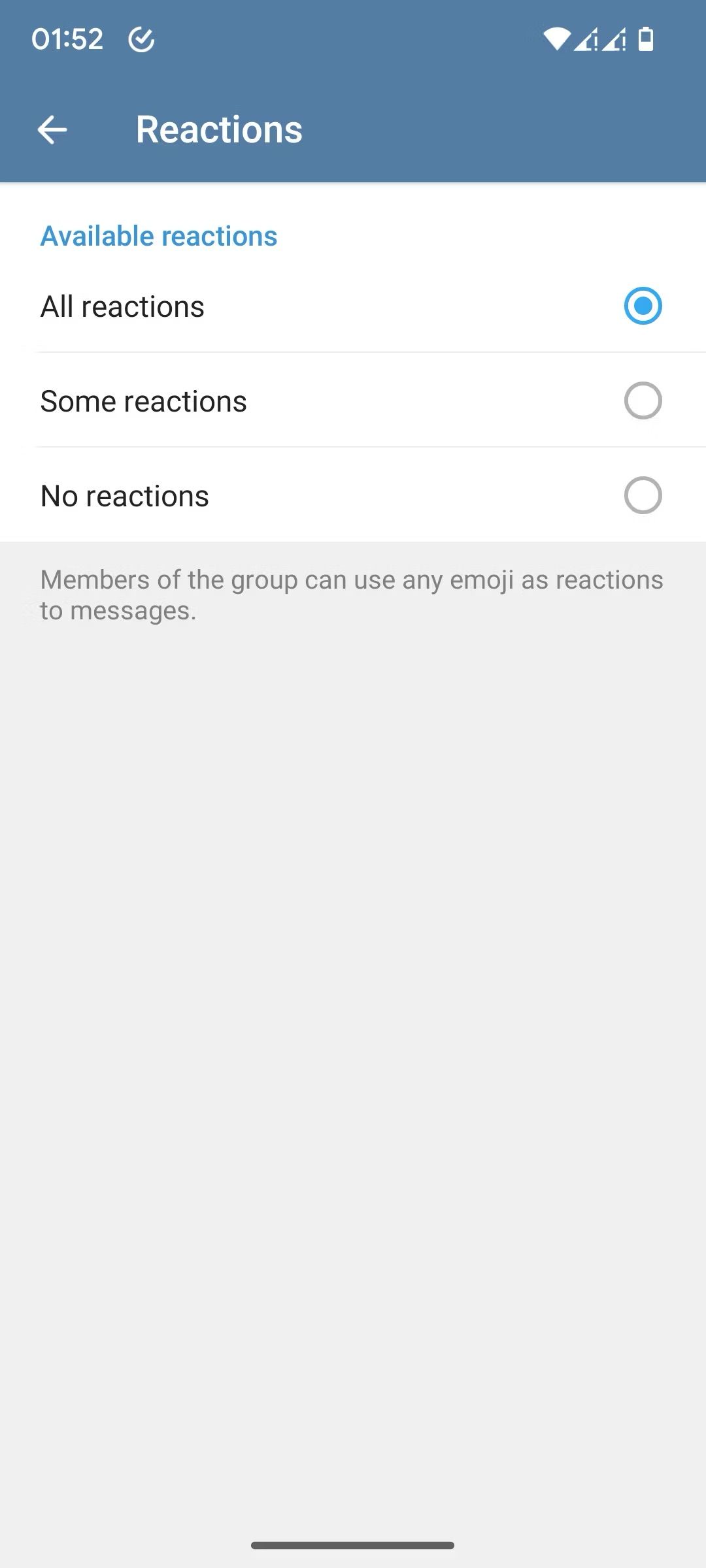 Telegram group chat reactions settings page screenshot