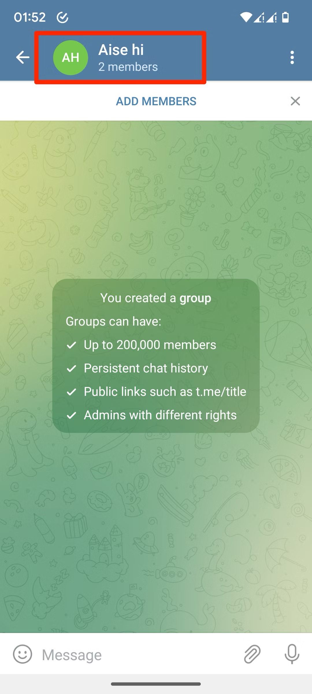 Telegram group chat screenshot showing profile selection
