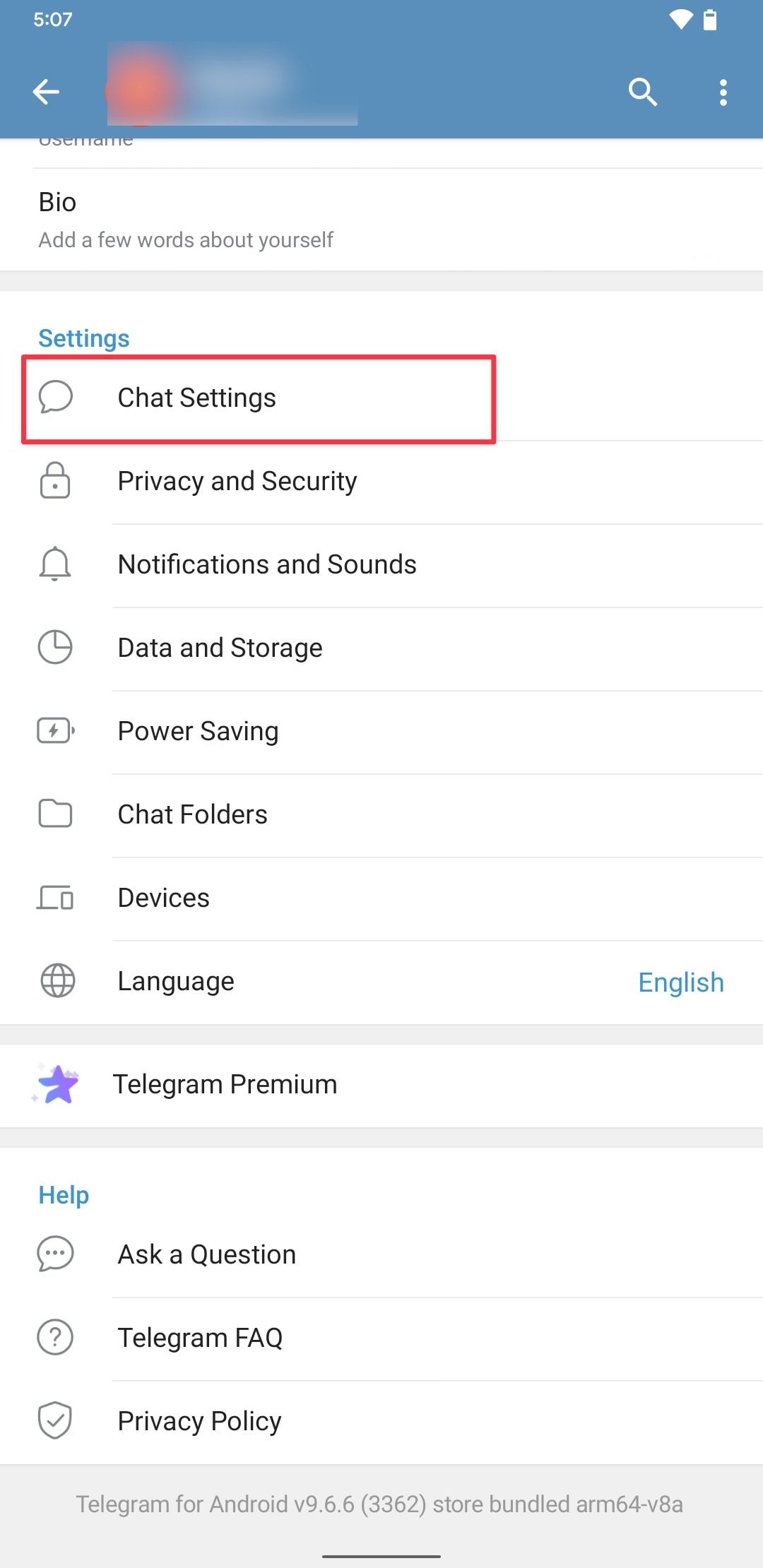 Telegram settings page screenshot showing Chat Settings option