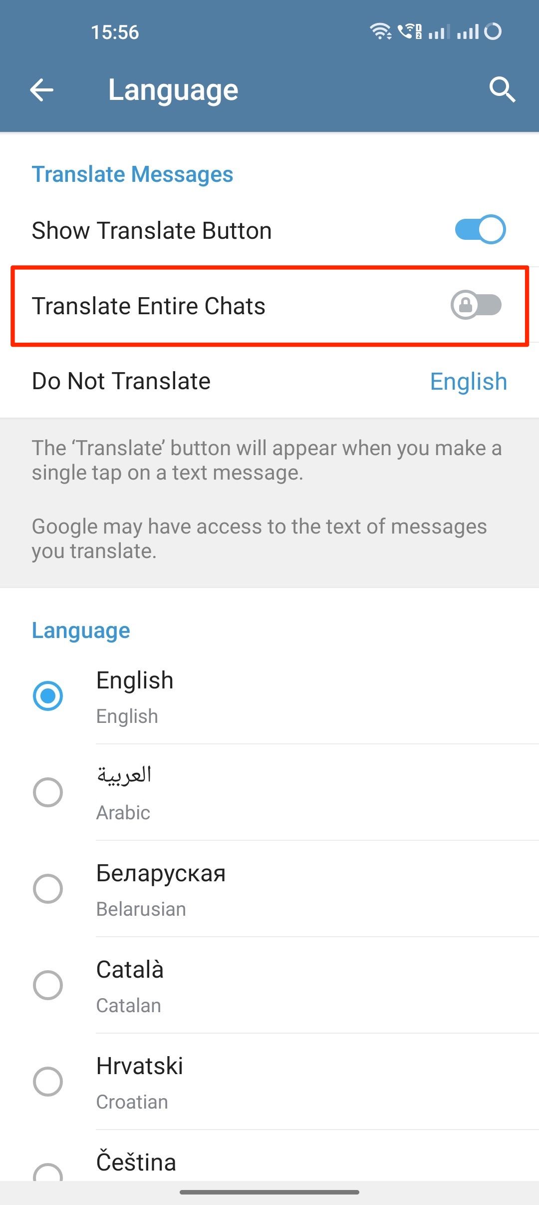 A screenshot of Telegram app's language setting with Translate Entire Chats highlighted