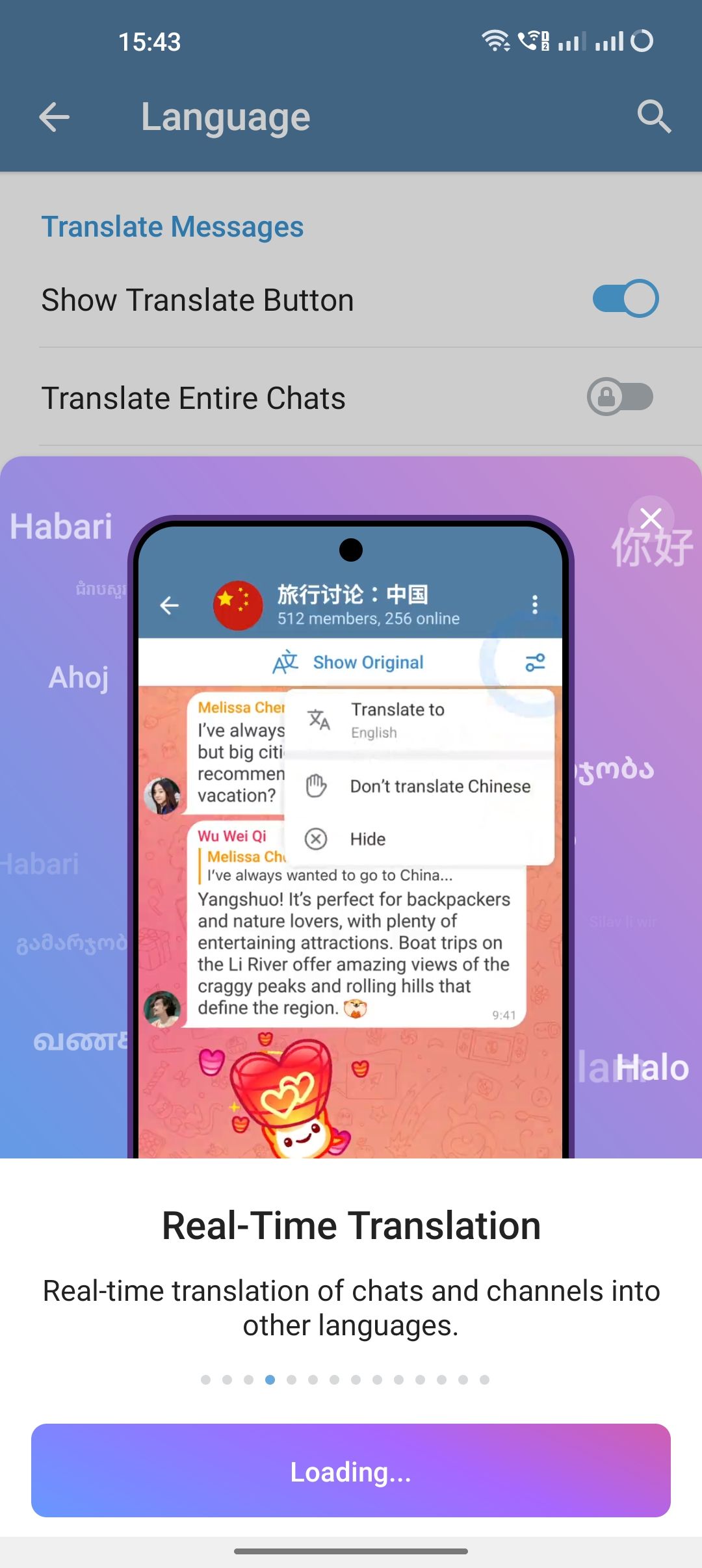 A screenshot of Telegram app's language setting showing the Premium real-time translation feature and its additional on-screen options