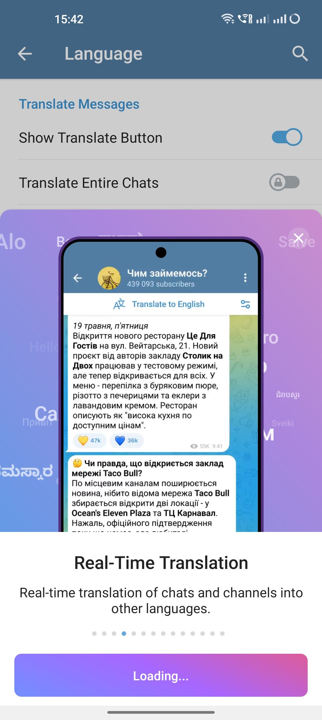 A screenshot of Telegram app's language setting showing the Premium real-time translation feature