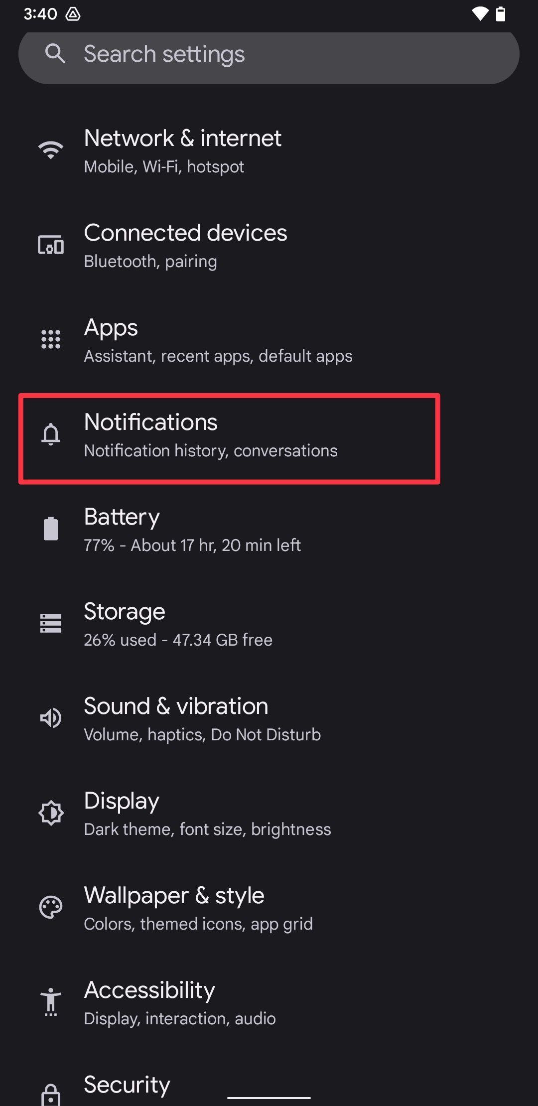 The Google Pixel Settings app with a red box around the Notifications option
