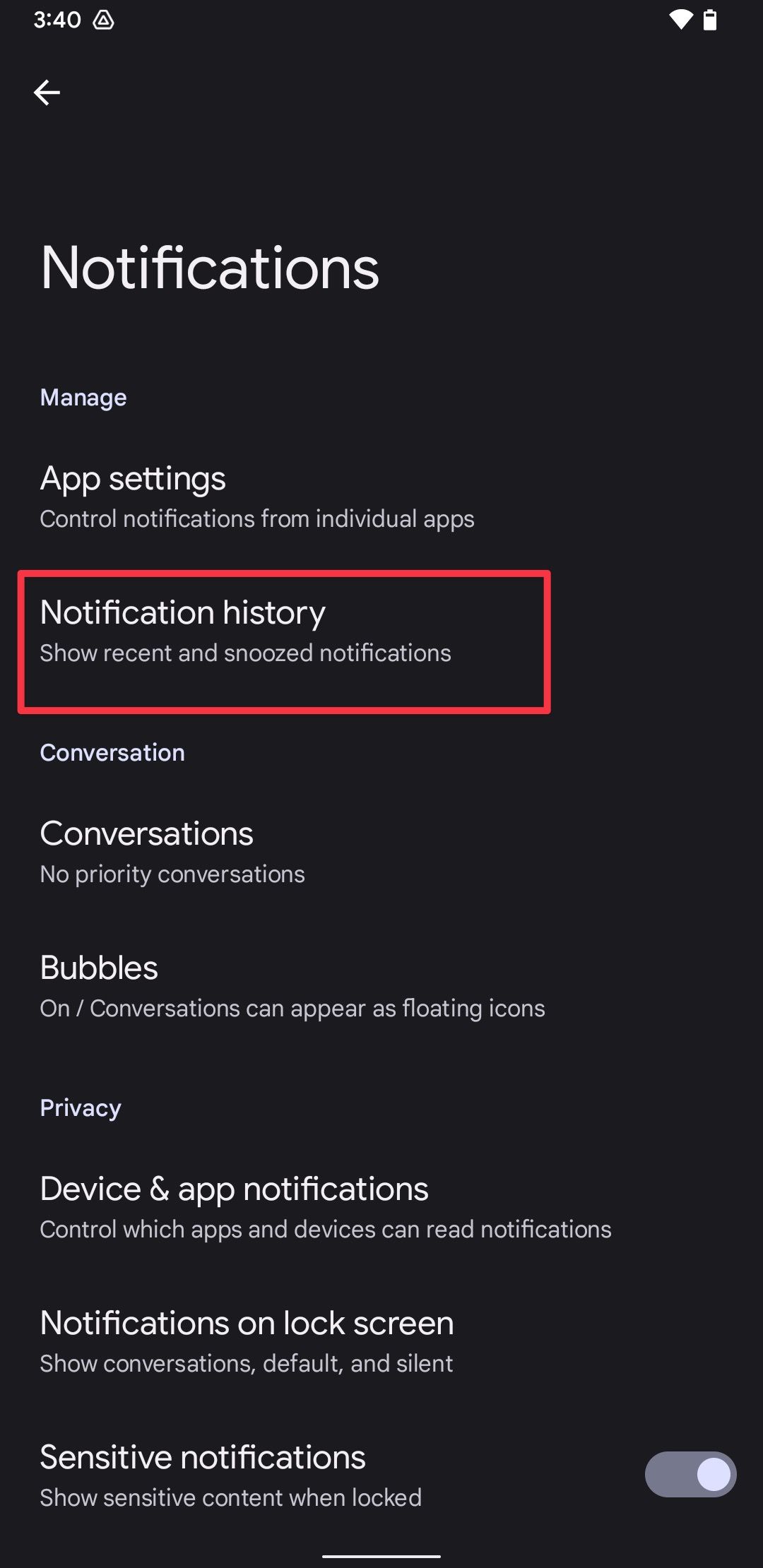 Notifications settings on a Google Pixel phone with a red box around the Notification history option