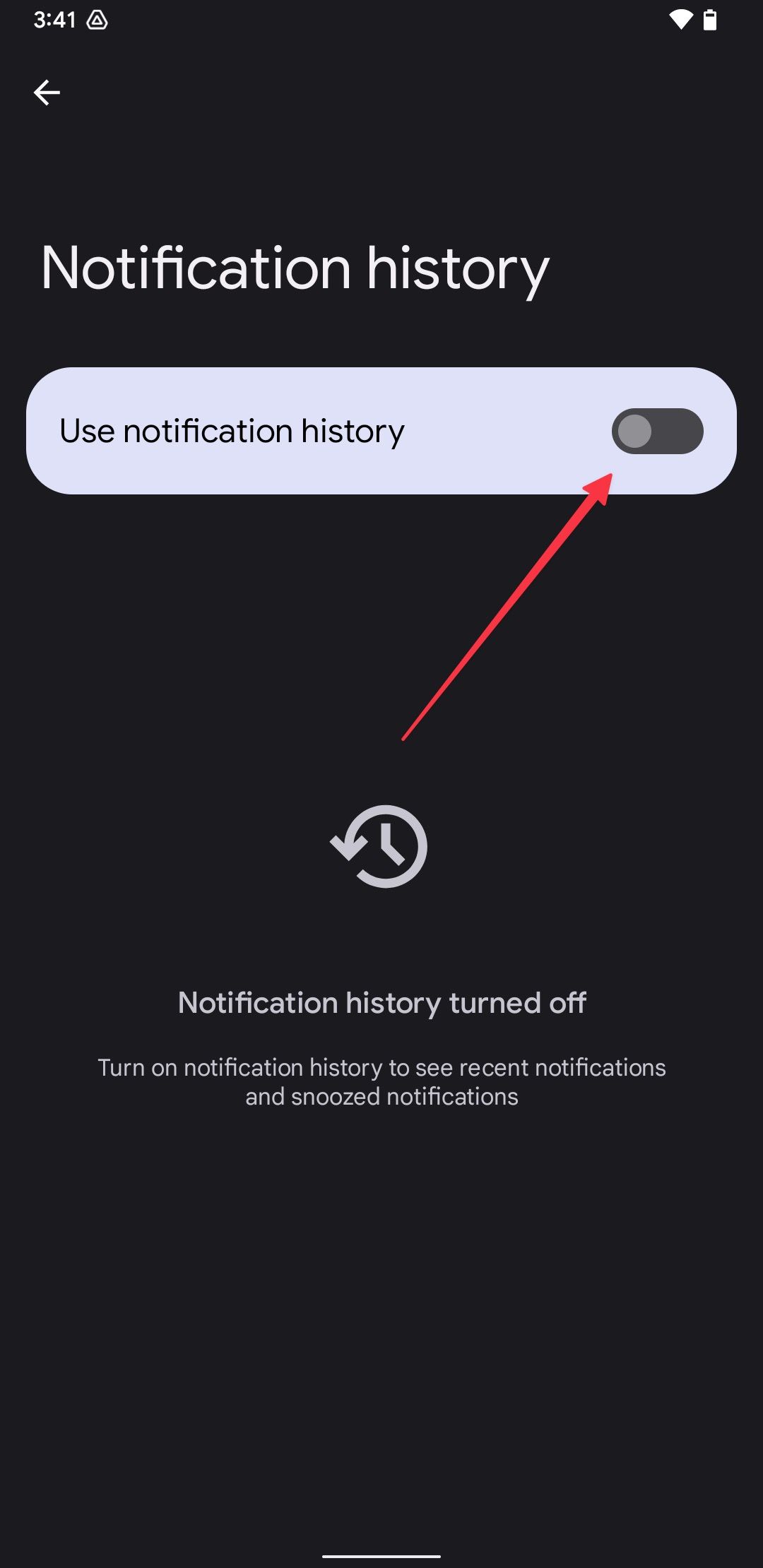 The Notification History settings on a Google Pixel phone with a red arrow pointing to the Use notification history toggle