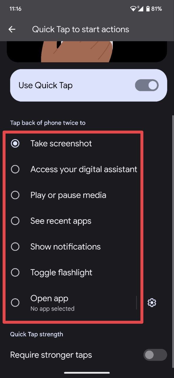 Android Quick Tap Settings Screenshot